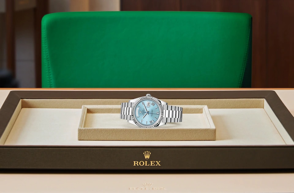 Rolex Day-Date 40 Platinum Ice Blue Diamond Dial & Diamond Bezel Presi – NY  WATCH LAB