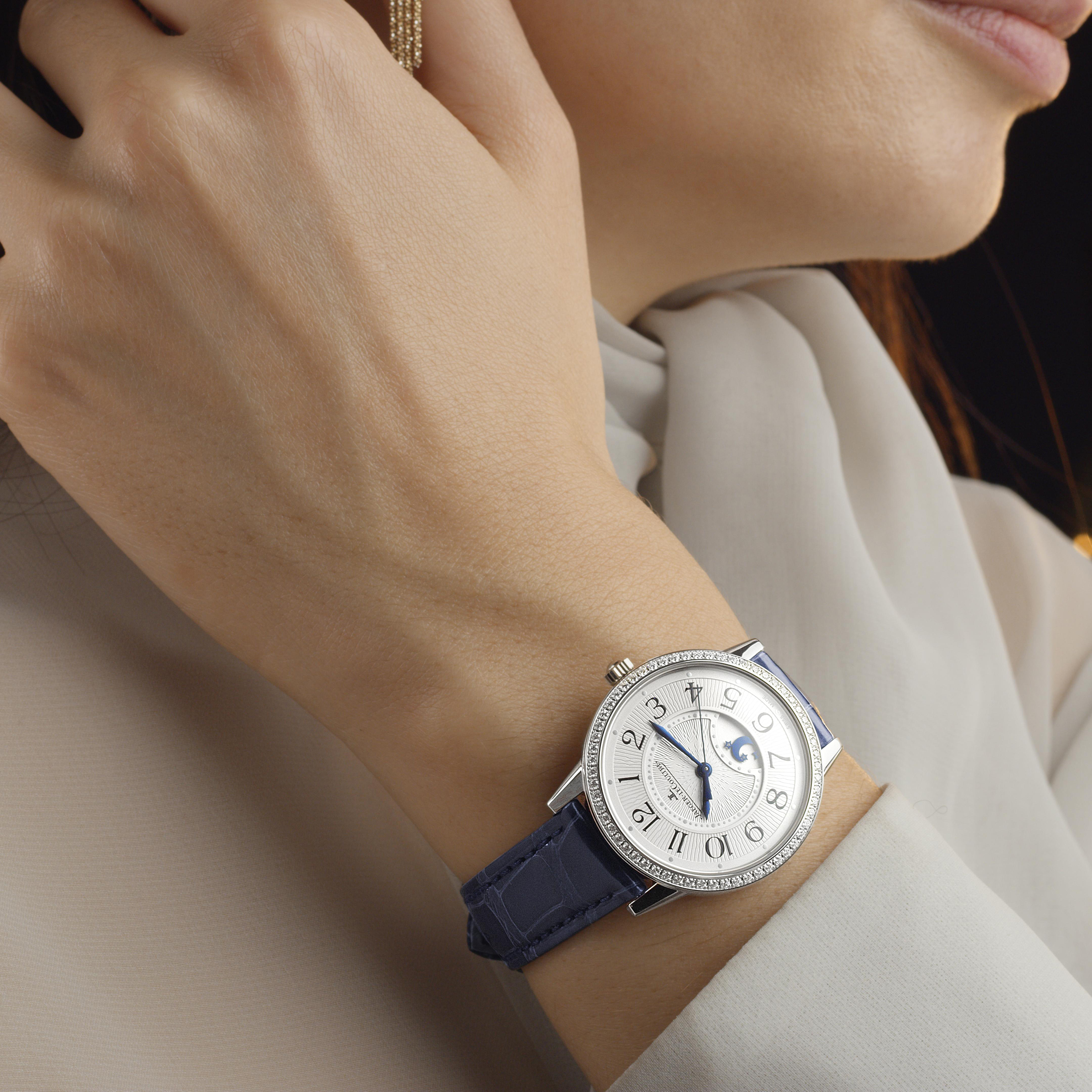 Close-up: Jaeger-LeCoultre Rendez-Vous on a woman's wrist.