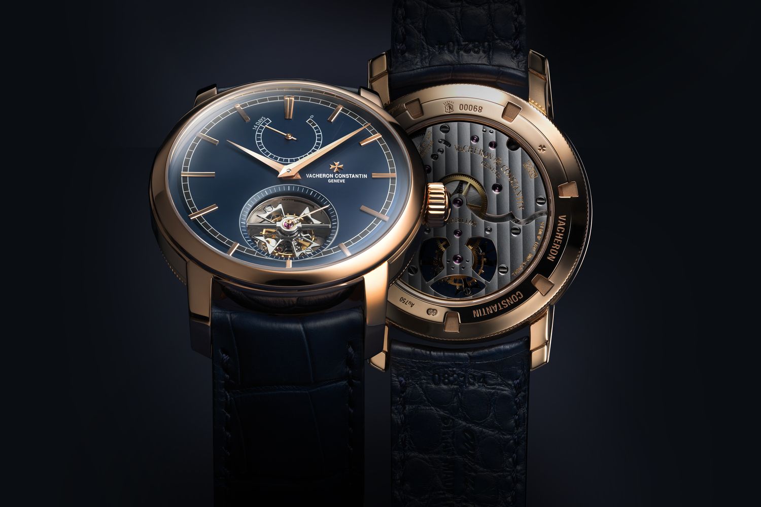 Vacheron Constantin Traditionnelle watch in rose gold with tourbillon, front and back view.