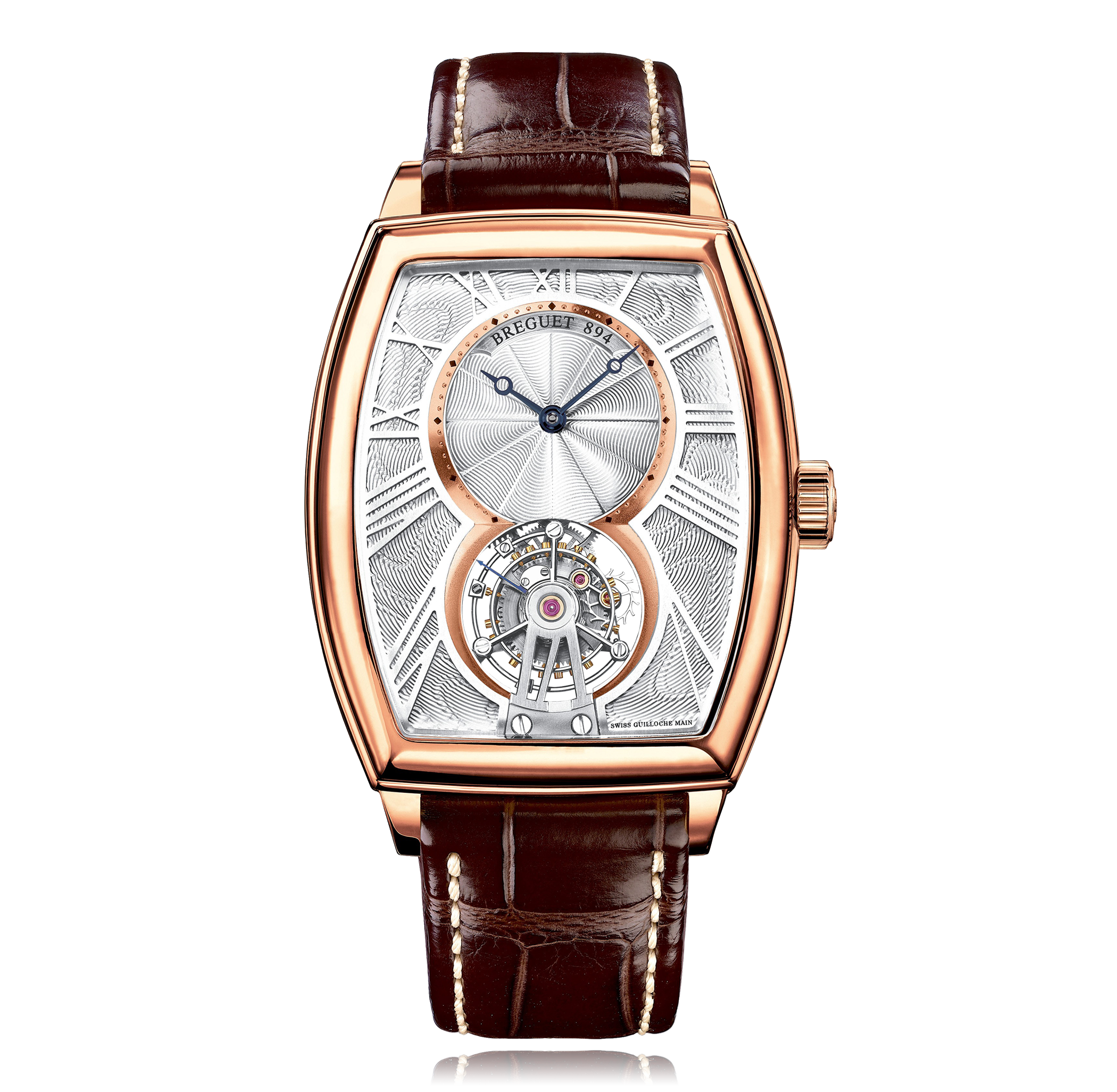 Nahaufnahme einer eleganten Uhr mit tonneauförmigem Gehäuse in Roségold, einem guillochierten Zifferblatt, römischen Ziffern und einer präzisen Tourbillon-Komplikation.