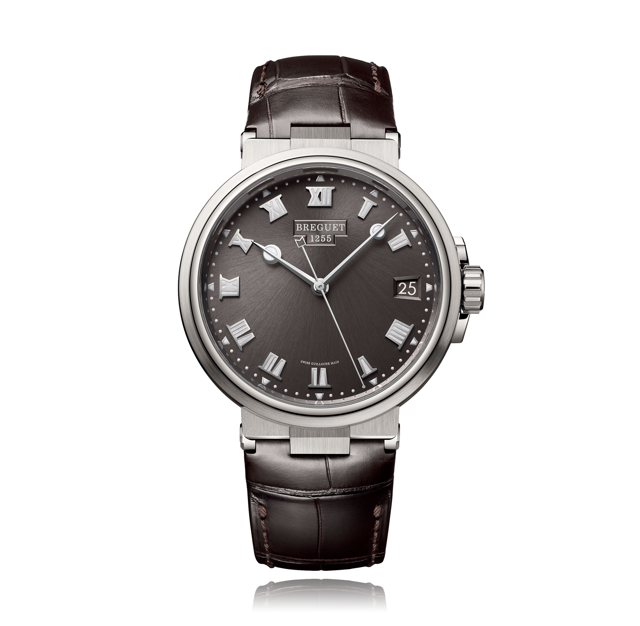 A sophisticated watch featuring a stainless steel case, a brown sunburst dial with Roman numerals, chronograph subdials, and a date window, paired with a dark brown leather strap.