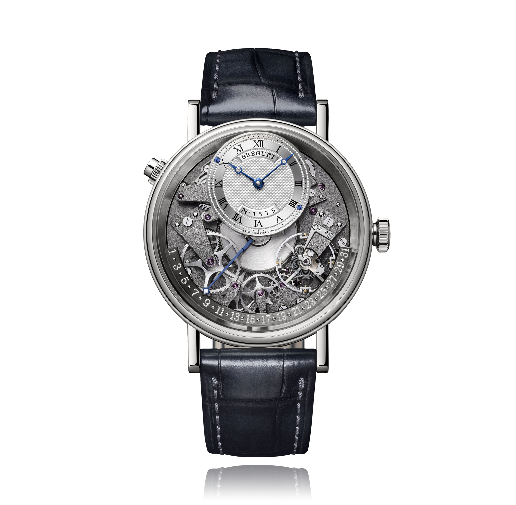 A sophisticated watch with a stainless steel case, a semi-skeletonized dial revealing the internal mechanism, an off-center dial with Roman numerals and blued hands, paired with a black leather strap.