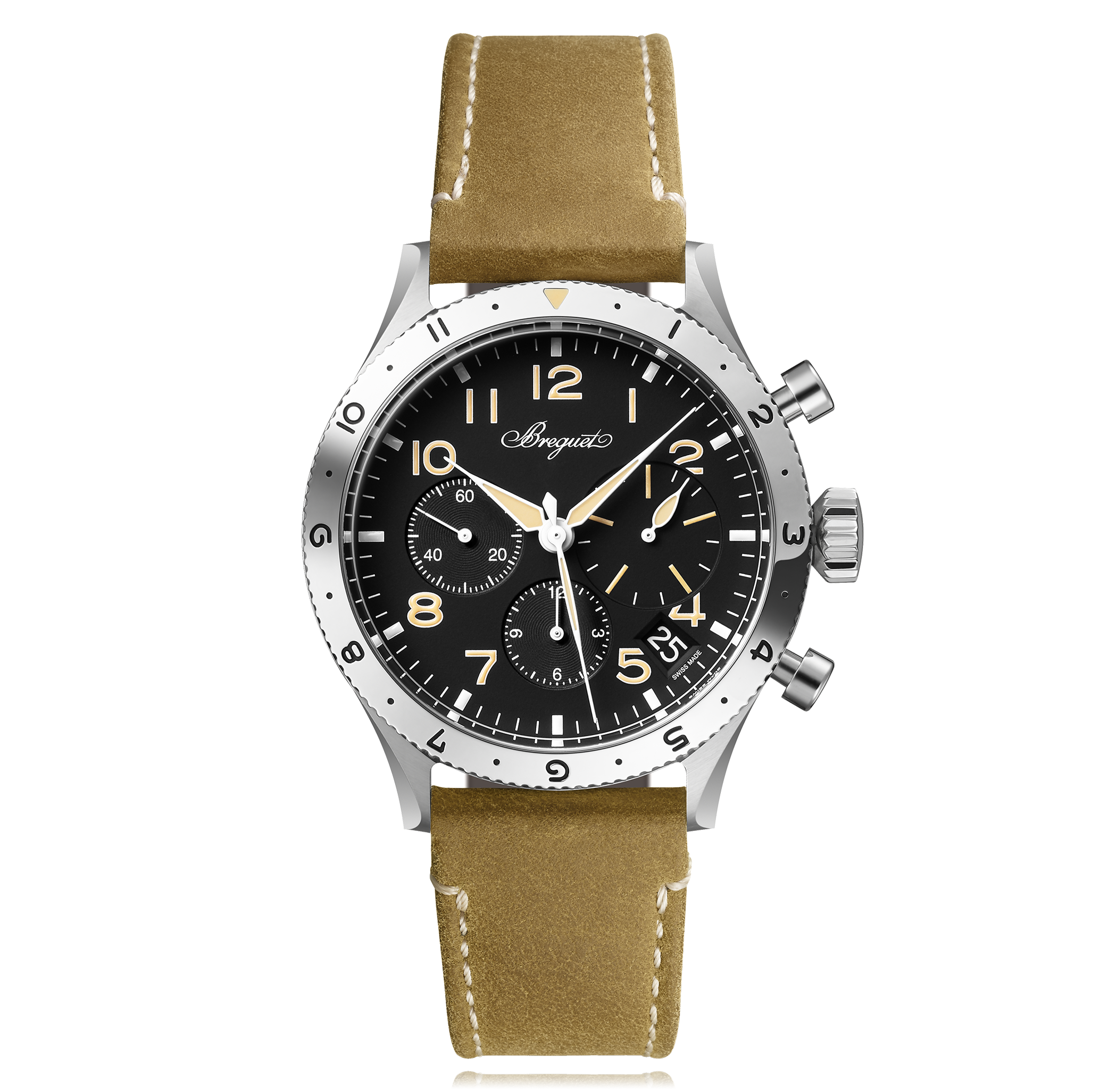 A classic pilot's watch featuring a stainless steel case, black dial with beige numerals, chronograph subdials, and a date window, paired with a brown leather strap.