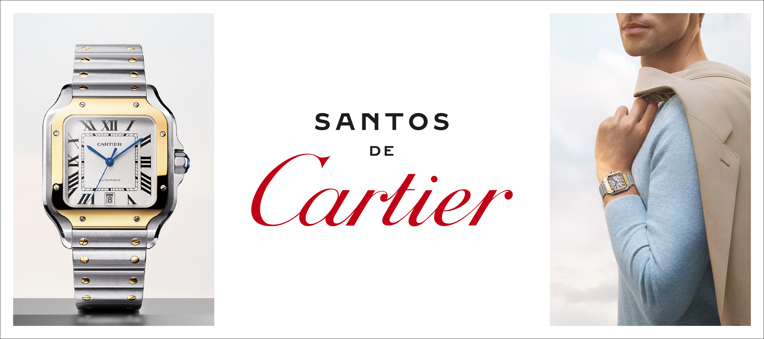 Close-up of a Cartier Santos on the left side of the image. On the right, it is worn on a man's wrist.