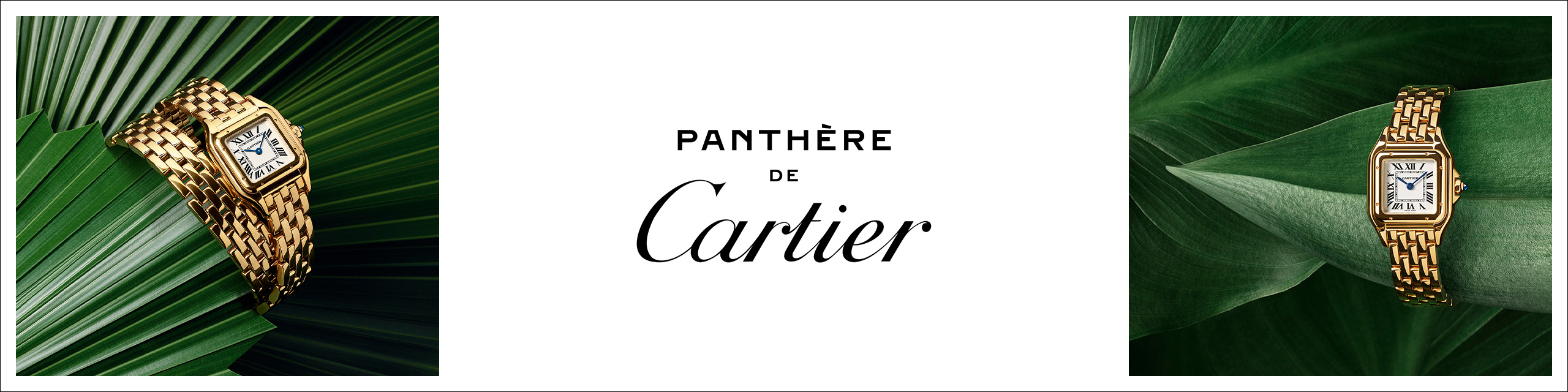 Gold Panthère de Cartier with link bracelet in a white box with black and gold spheres, next to the Cartier logo.