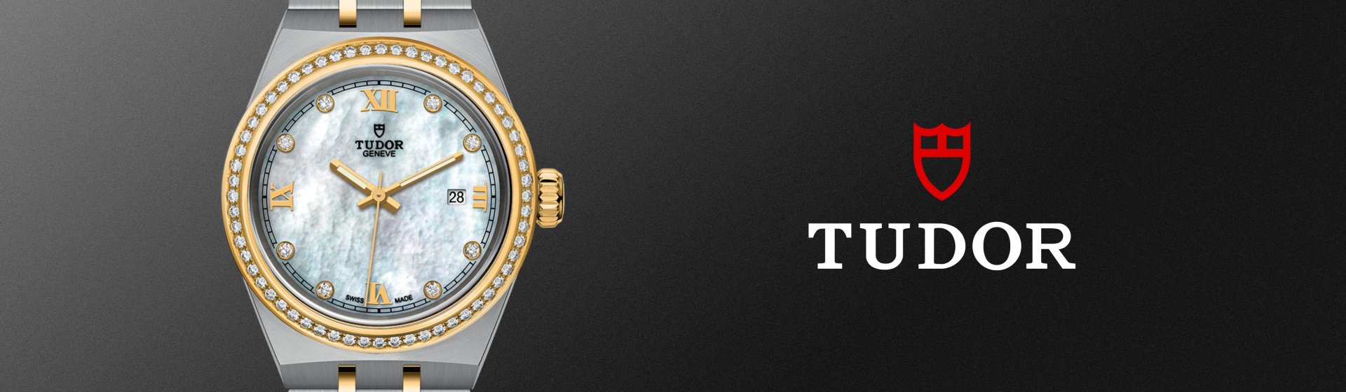 Close-up of the TUDOR Royal watch with a sleek silver and gold two-tone bracelet and a blue dial featuring Roman numeral hour markers. Set against a dark, elegant background, the watch highlights TUDOR’s blend of luxury and timeless sophistication.