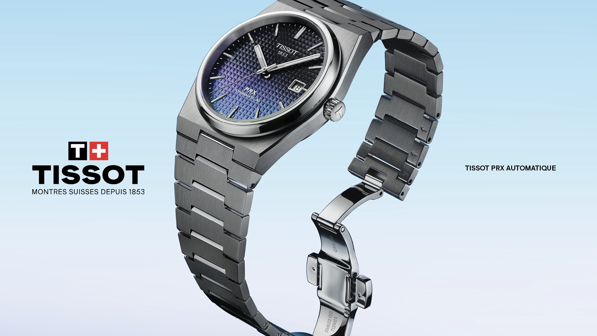  Banner featuring the Tissot Seastar watch with a vibrant blue dial and bold black bezel, set against a background of calm ocean waves with a lifebuoy framing the scene. The Tissot logo with a cross in the logo is displayed on the left, emphasizing Swiss heritage and precision craftsmanship.