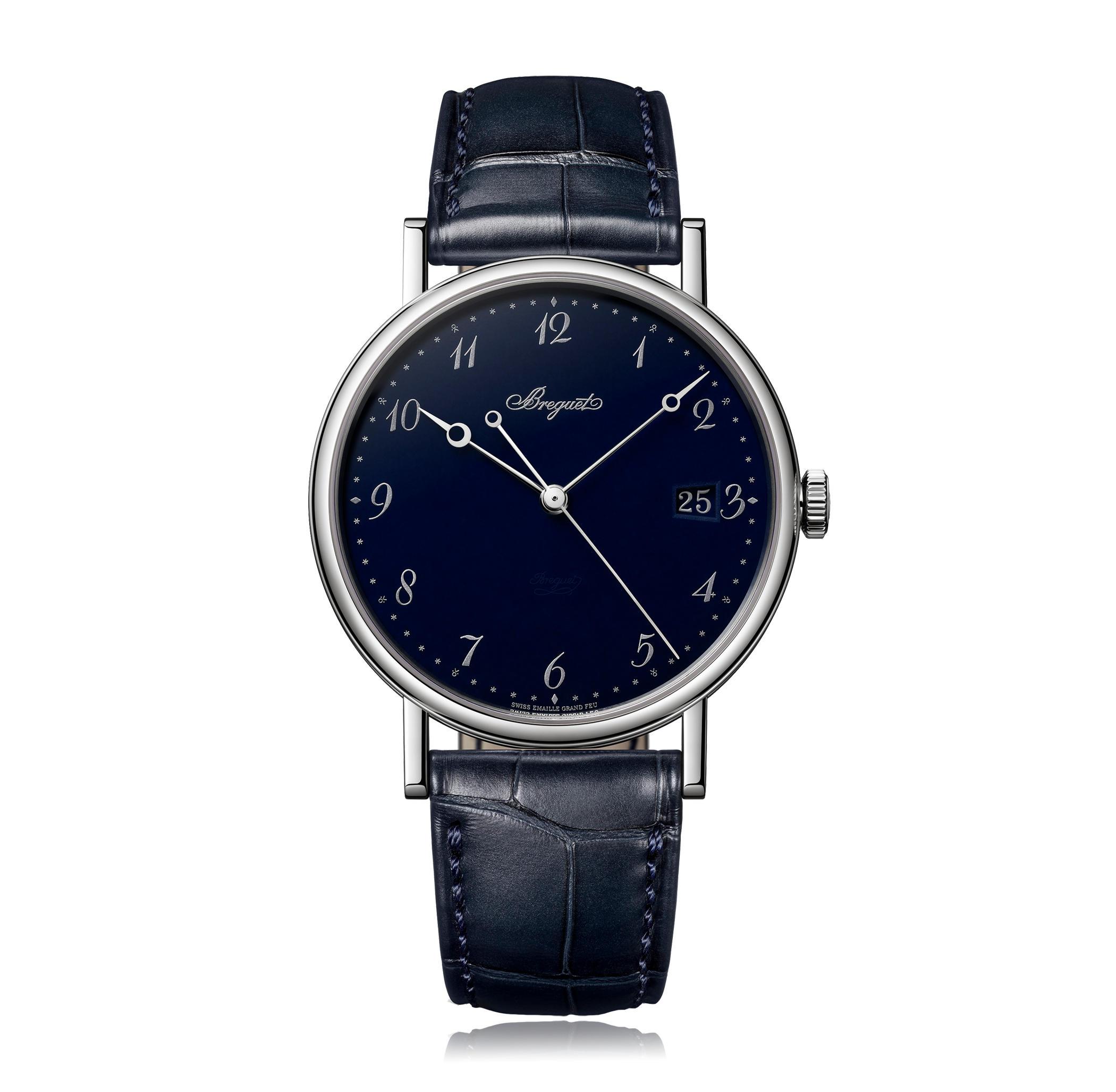 Nahaufnahme einer Breguet-Uhr mit blauem guillochiertem Zifferblatt, römischen Ziffern, Mondphasenanzeige und eleganten Details, die die traditionelle Uhrmacherkunst hervorheben.