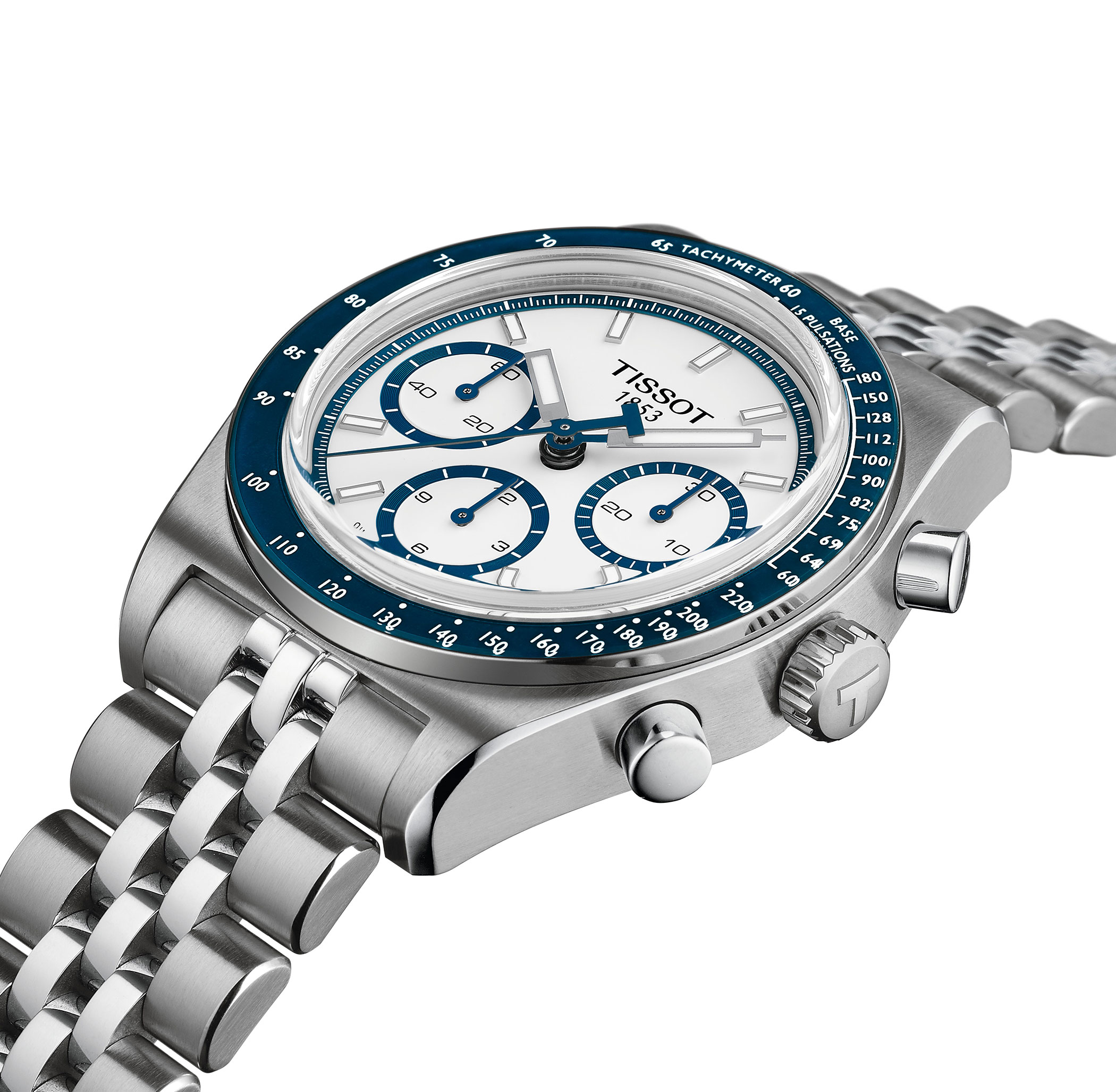 A Tissot PR 516 with a silver stainless steel bracelet, a white dial, and blue accents.