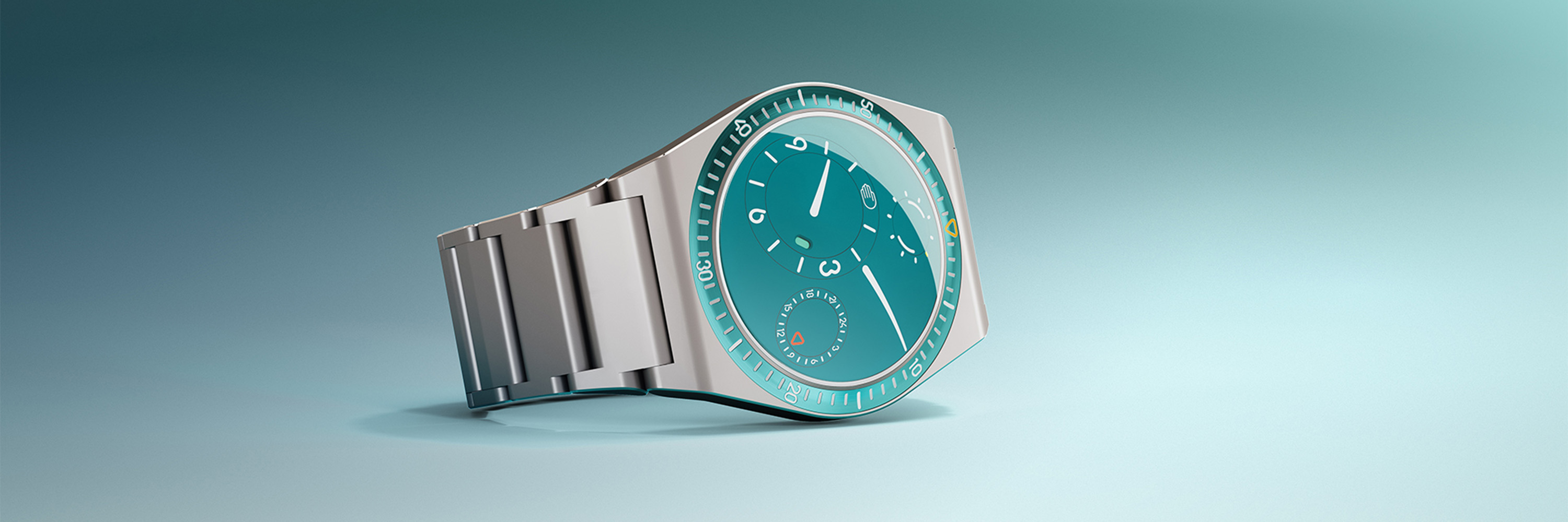 Ressence wristwatch, Type 7 Aquamarine, 41 mm, titanium,. titanium bracelet, with folding clasp, automatic, Cal. Kaliber ROCS 7, sapphire-crystal, 5 atm, with GMT,. Aluminium Ref.:2025-todate T71G-XVX1-TUD