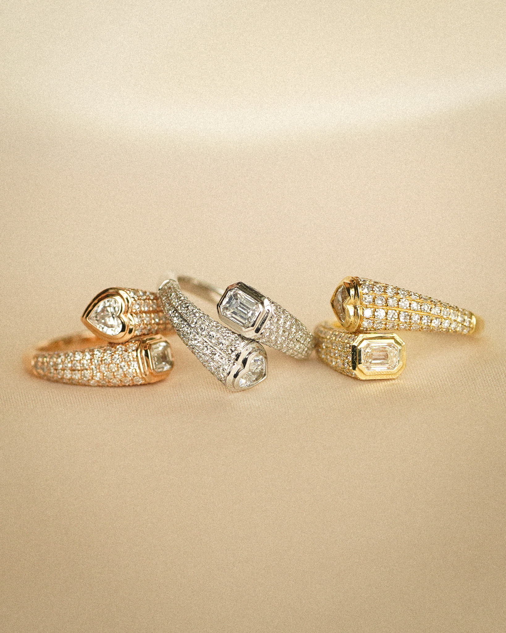 Shay diamond rings, rose gold, white gold and yellow gold