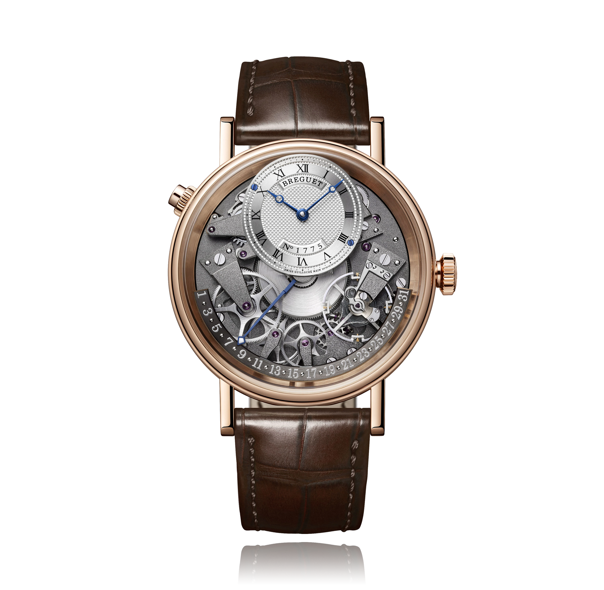 Eine anspruchsvolle Uhr mit Edelstahlgehäuse, einem teil-skelettierten Zifferblatt, das den inneren Mechanismus zeigt, einem dezentralen Zifferblatt mit römischen Ziffern und gebläuten Zeigern, kombiniert mit einem schwarzen Lederarmband.