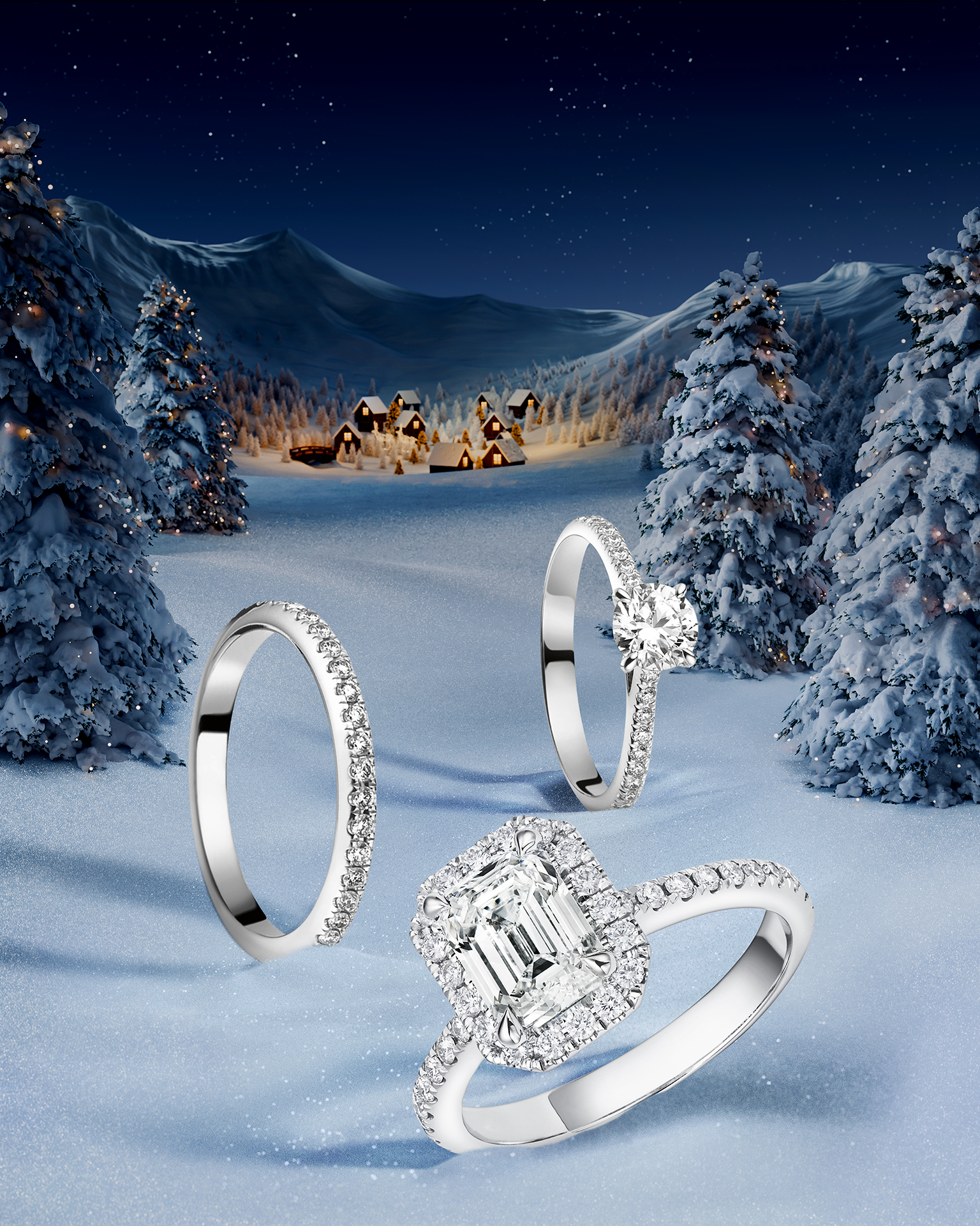 Bucherer Fine Jewellery earrings featuring a half-hoop design, adorned with sparkling baguette-cut diamonds and a surrounding row of round diamonds. The elegant earrings are displayed on a soft blue background, emphasizing their brilliance and refined craftsmanship.