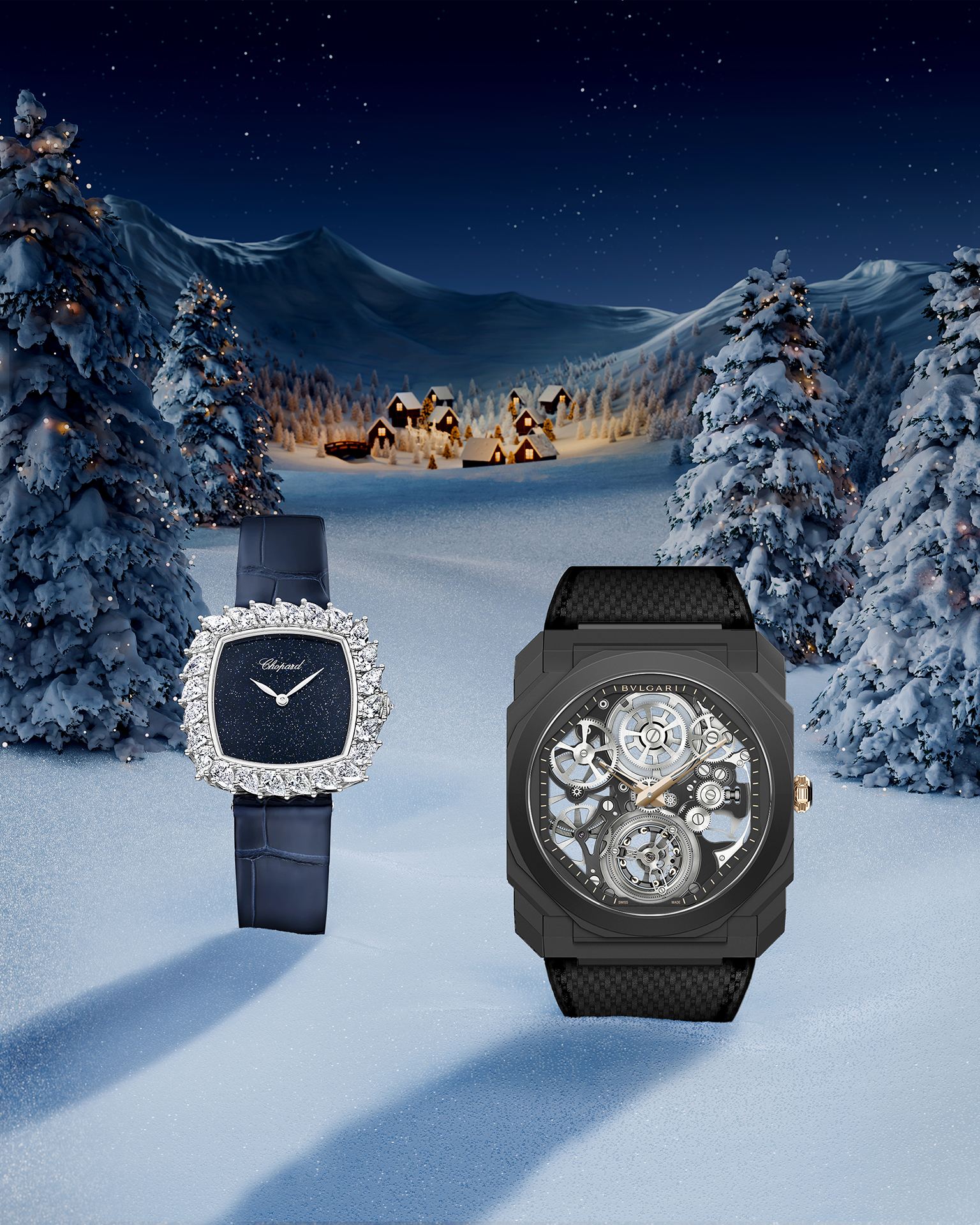 Two luxury watches displayed on a notepad with a vintage feather quill. One watch features a round skeleton dial with a black leather strap, while the other has a rectangular dial with a brown leather strap. The elegant composition emphasizes the fine craftsmanship of the timepieces.