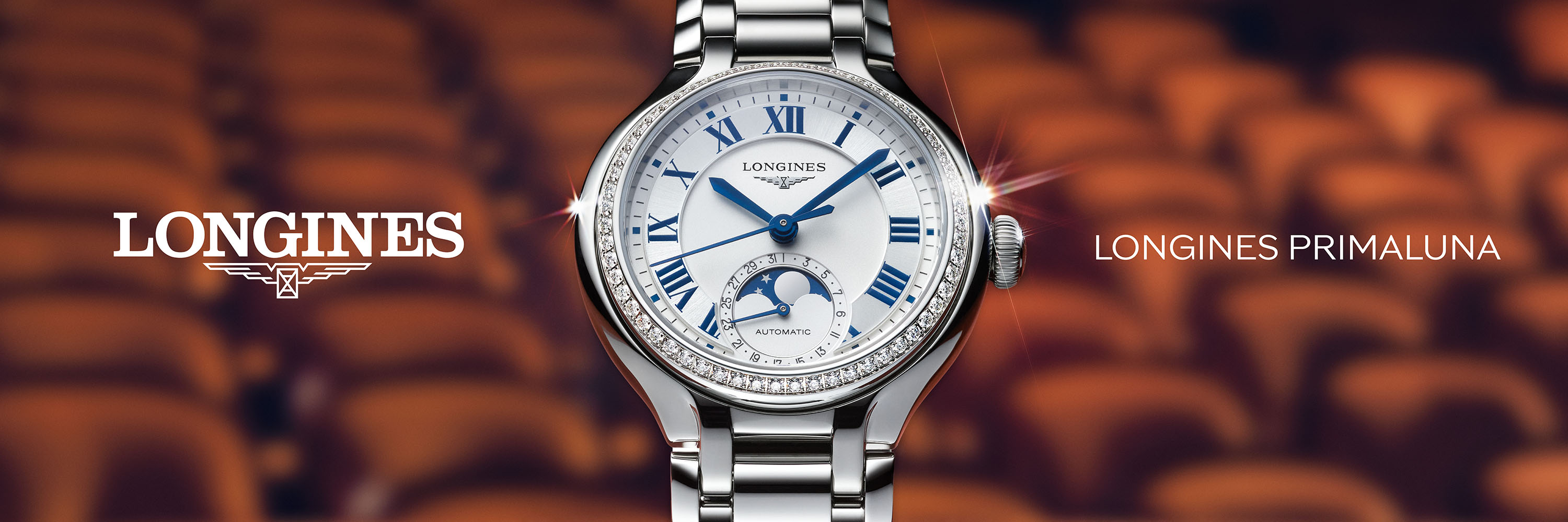 Longines Primaluna with silver dial and roman numerals, steel bracelet, 58 diamonds  