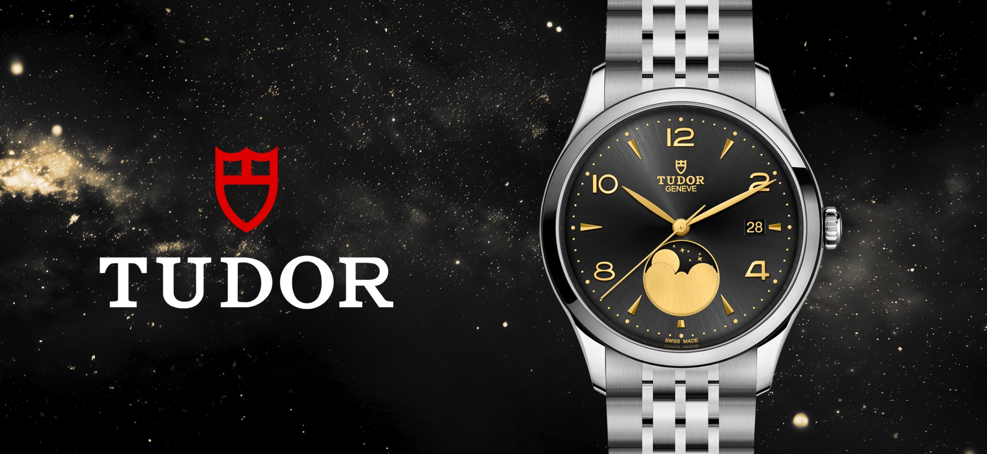 Banner featuring the Tudor dive watch with a black dial, bold luminous hour markers, and a stainless steel bezel, set against a dynamic background with metallic and red accents. The Tudor logo is displayed prominently on the right side, highlighting the brand’s elegance and robust design