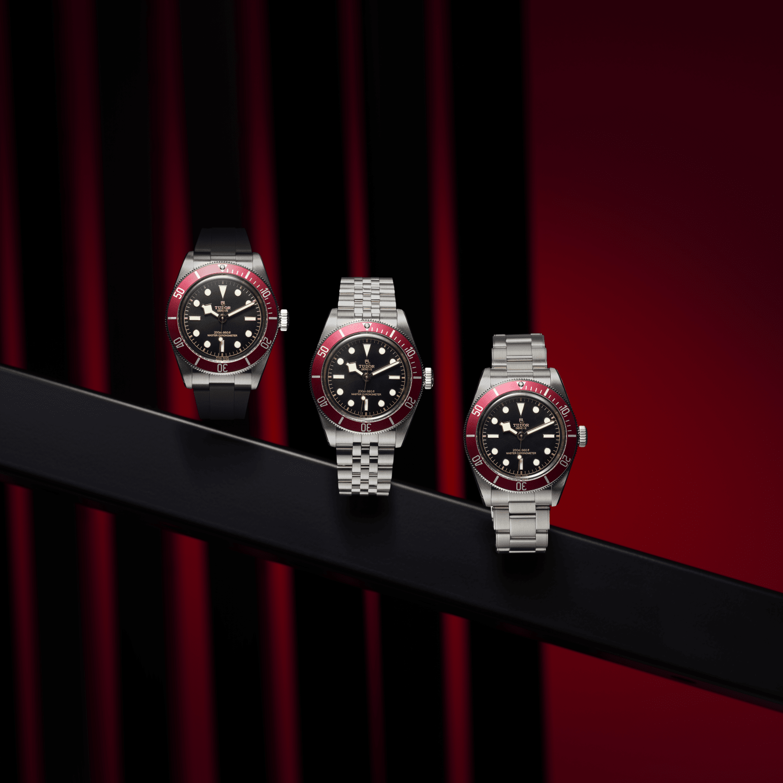 Banner featuring the Tudor dive watch with a black dial, bold luminous hour markers, and a stainless steel bezel, set against a dynamic background with metallic and red accents. The Tudor logo is displayed prominently on the right side, highlighting the brand’s elegance and robust design