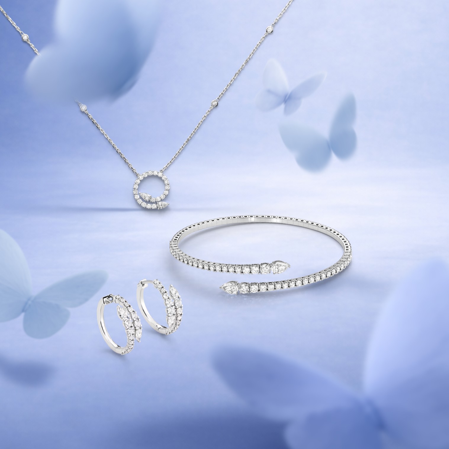 Bucherer Fine Jewellery Diamond Twist line in white gold with diamonds, earrings SKU: 1447-524-4 , bracelet SKU: 1409-571-1 and pendant necklace SKU: 1447-525-5