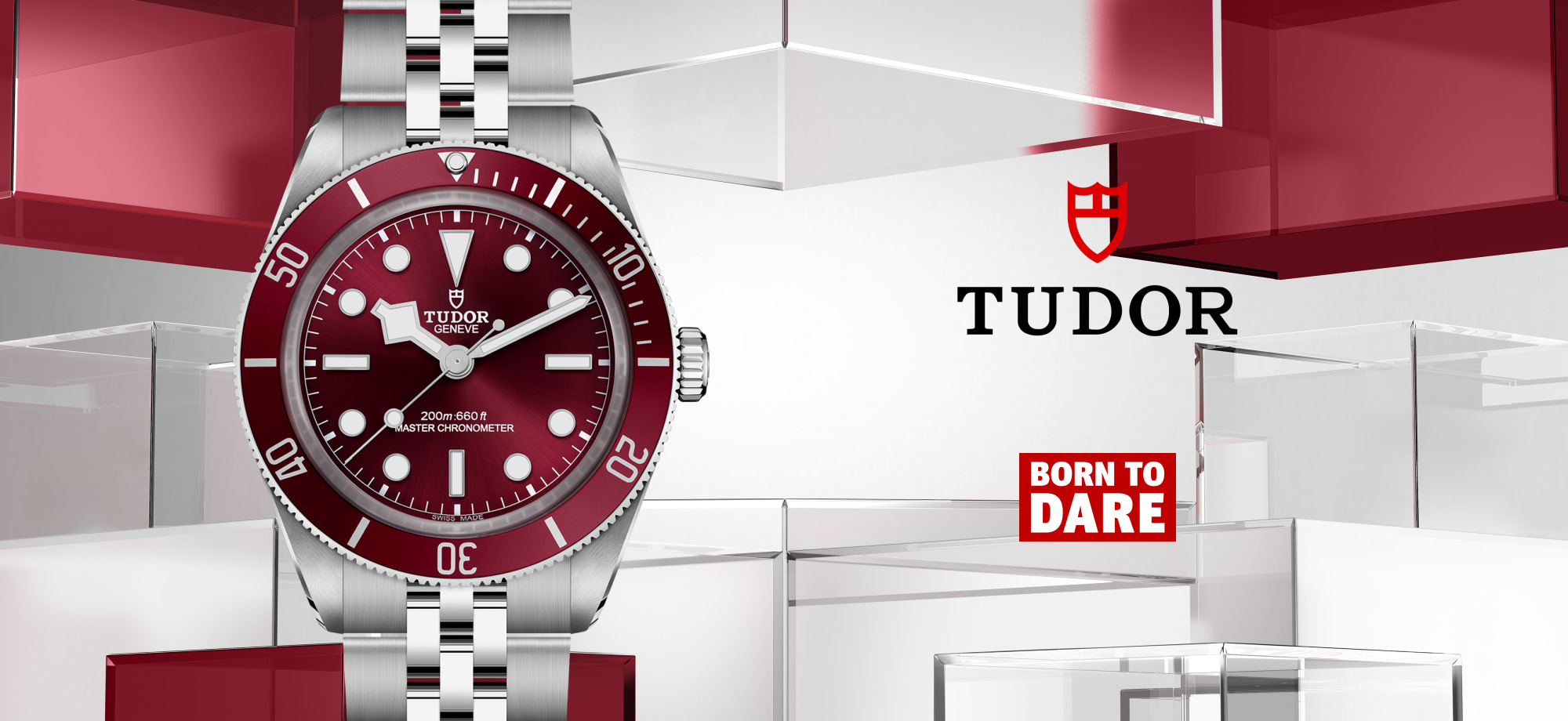 Banner featuring the Tudor dive watch with a black dial, bold luminous hour markers, and a stainless steel bezel, set against a dynamic background with metallic and red accents. The Tudor logo is displayed prominently on the right side, highlighting the brand’s elegance and robust design