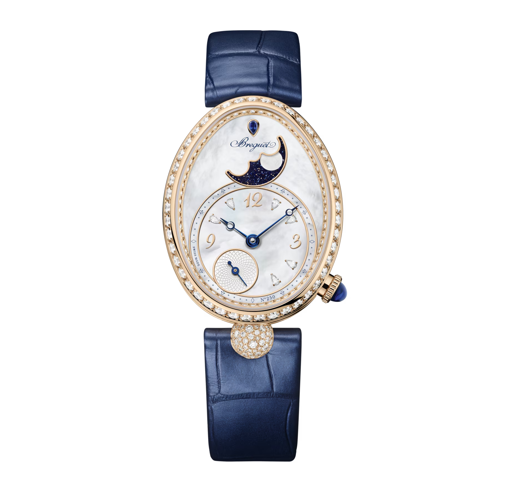 Eine luxuriöse Uhr mit ovalem Gehäuse aus Weißgold, umrandet von Diamanten, einem weißen Zifferblatt mit blauen arabischen Ziffern, einer Tropfen-förmigen Diamant-Applikation bei 6 Uhr und einem hellblauen Alligatorlederarmband.