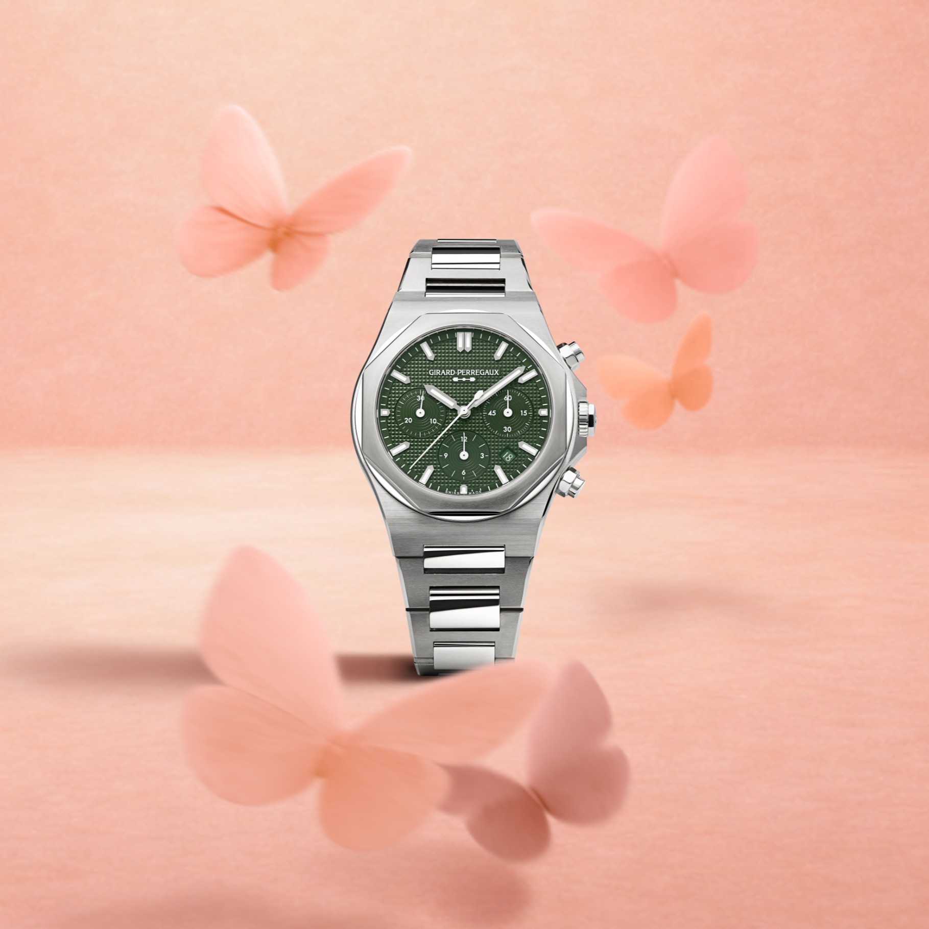Girard-Perregaux Laureato, chronograph, case diameter 42 mm steel, steel bracelet, green dial with index, automatic SKU: 1458-023-9
