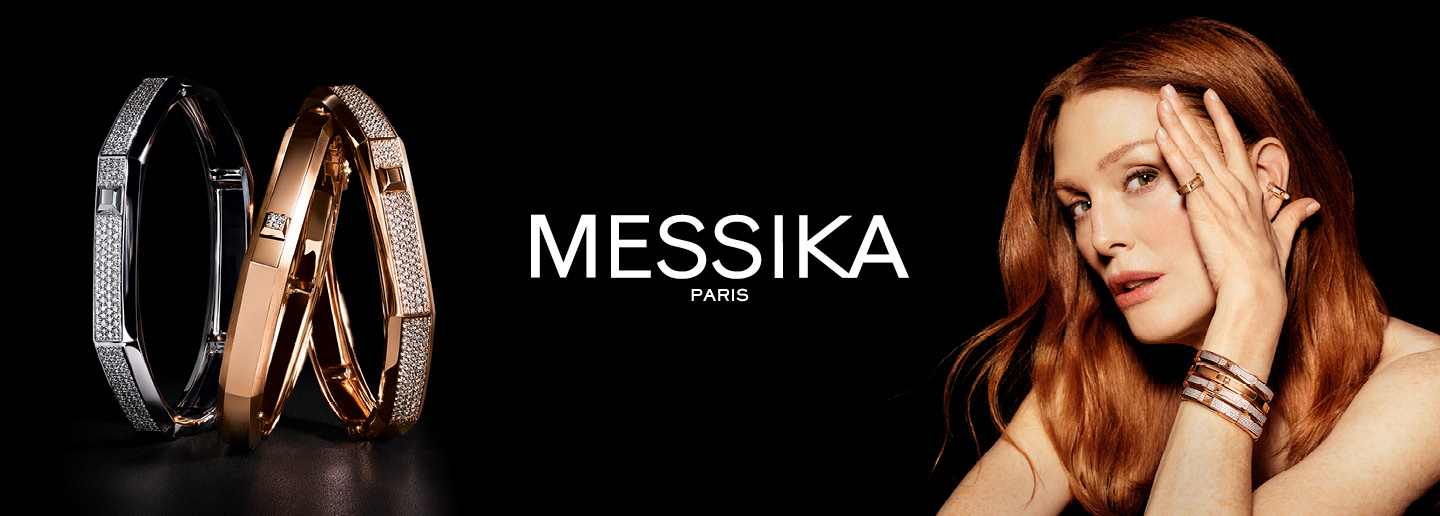 Yellow gold Messika Move bracelets with diamonds on beige background.