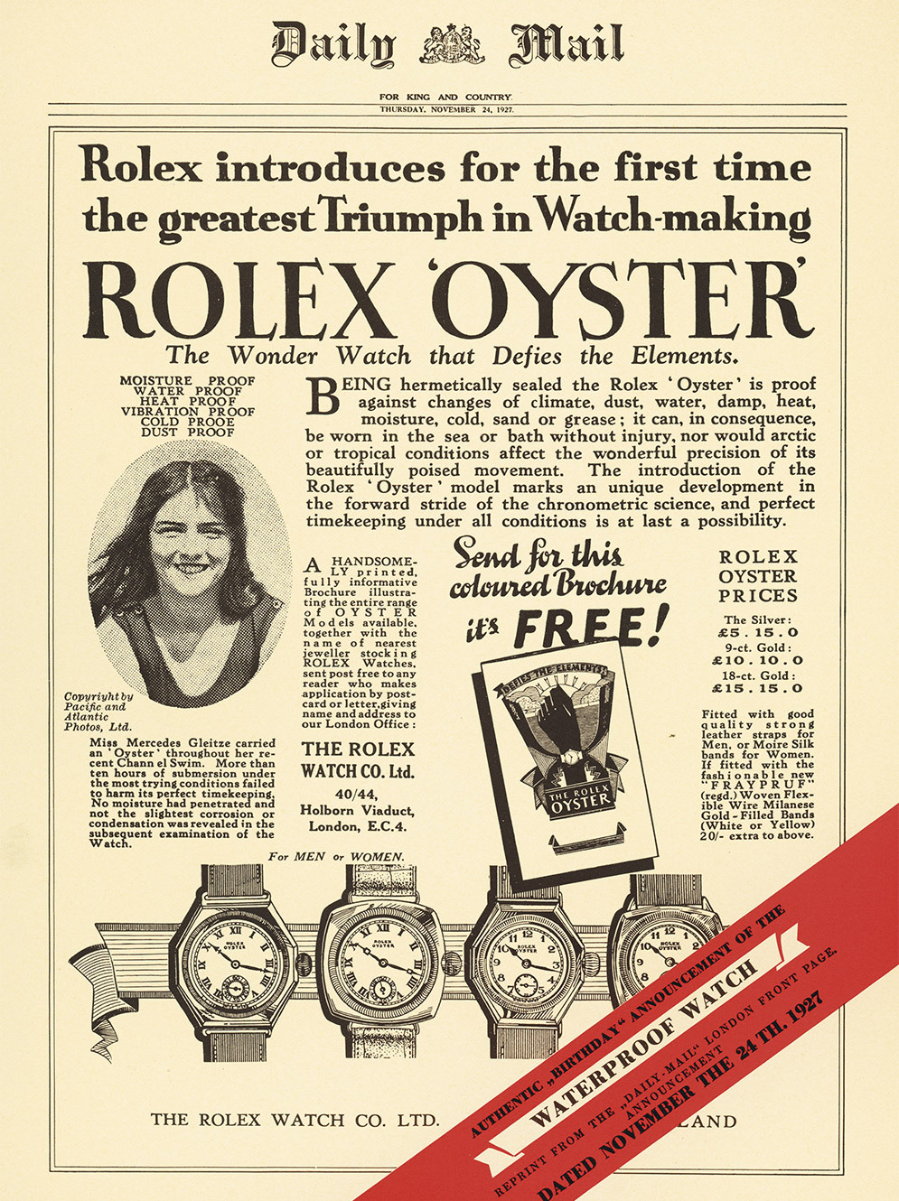 A vintage newspaper advertisement for the Rolex Oyster watch, featuring a woman, a brochure, and four watches.