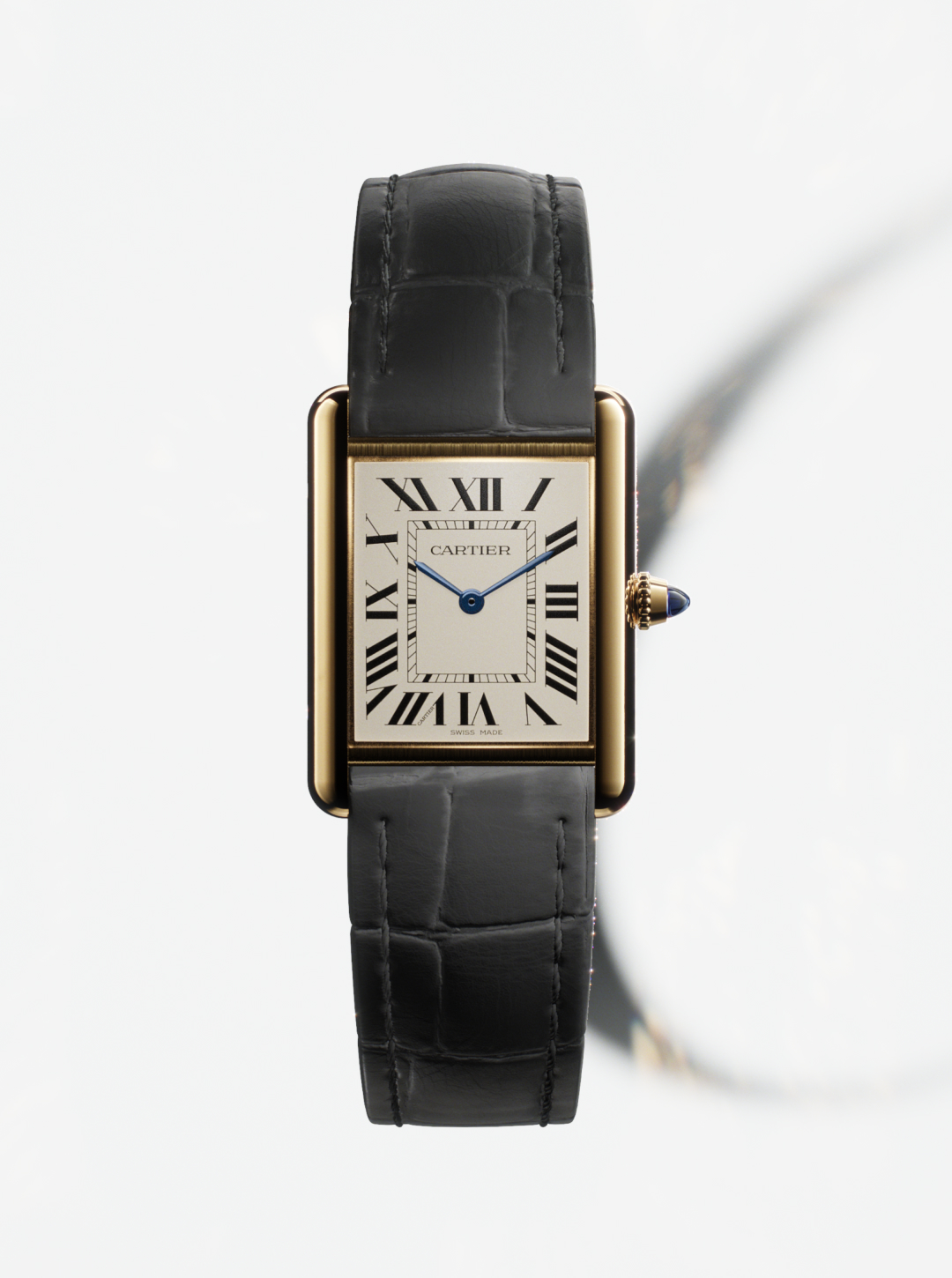 A gold Cartier Tank watch with a white face, Roman numerals, blue hands, and a black leather strap.