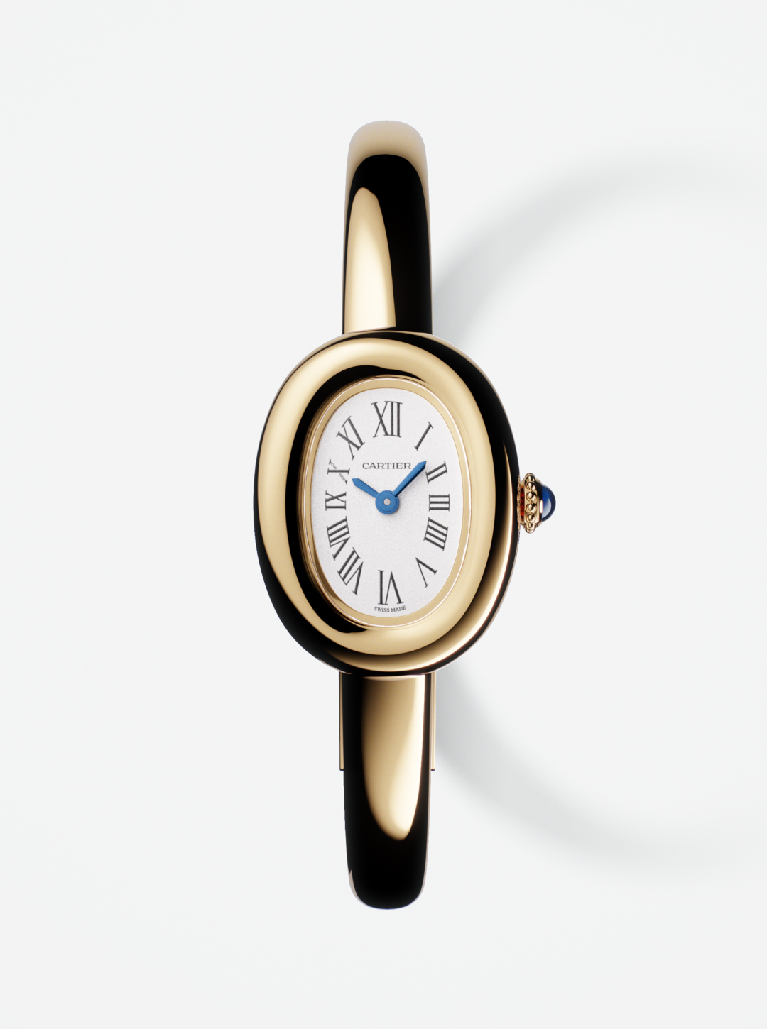 A gold Cartier Baignoire watch with a white oval face, Roman numerals, and blue hands.