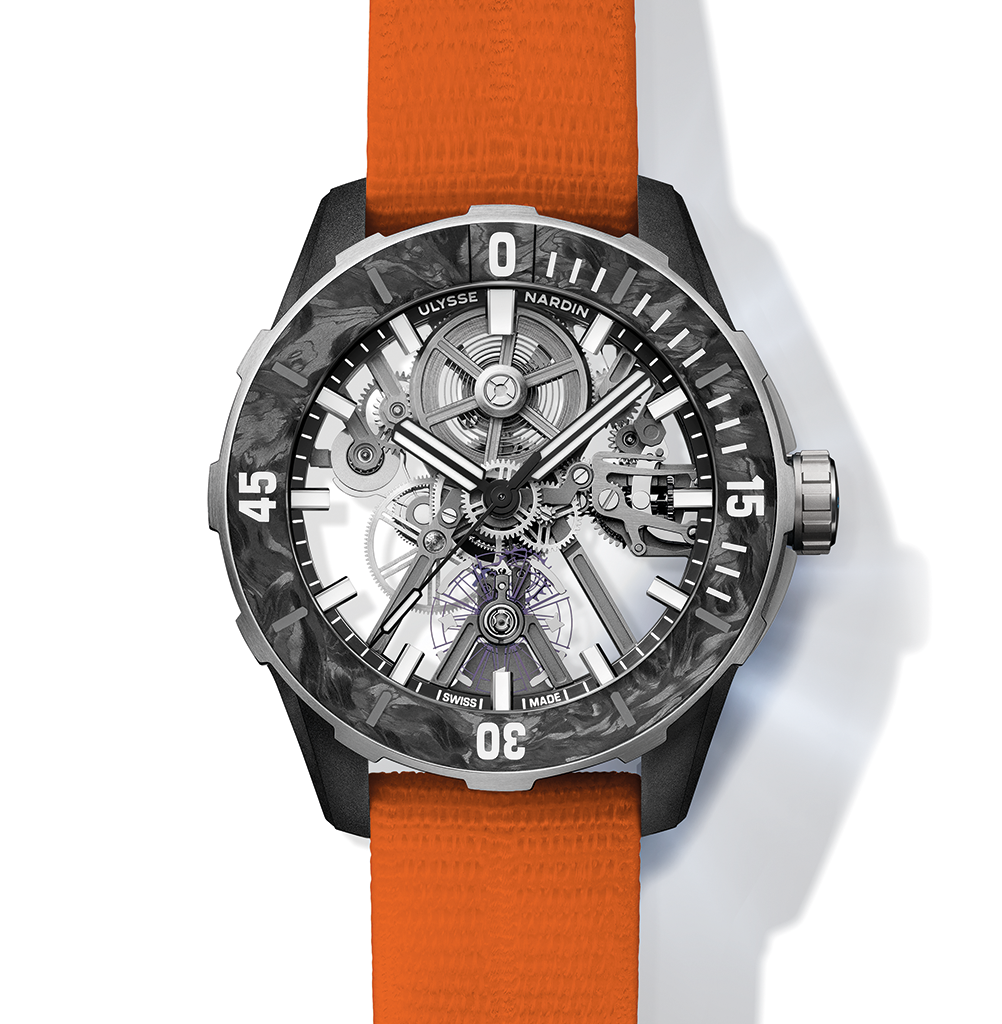 Ulysse Nardin Diver X Skeleton watch with a black carbon bezel, exposed gears, and an orange fabric strap.