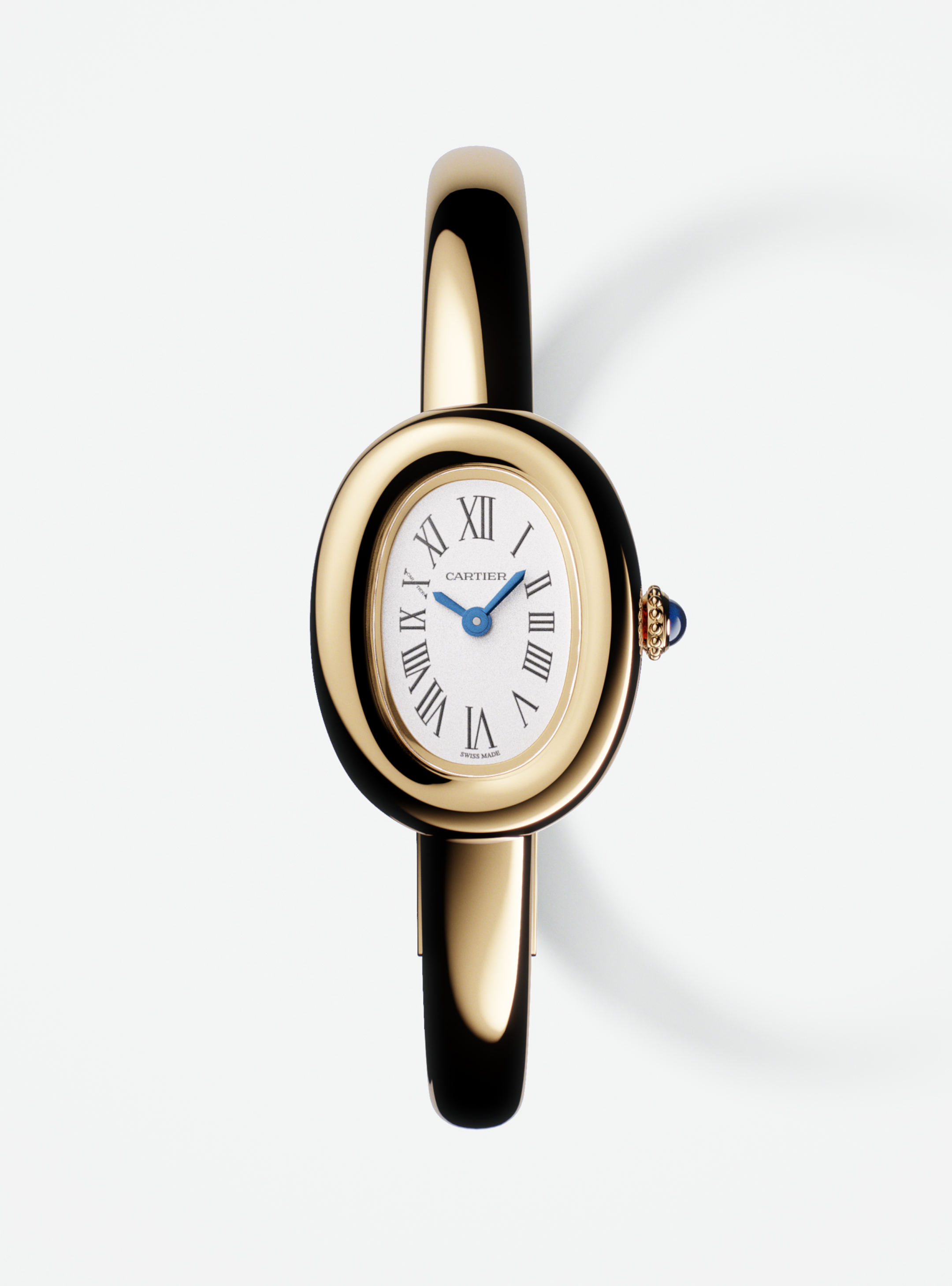 A gold Cartier Baignoire watch with an oval white dial, Roman numerals, and blue hands, on a white background.