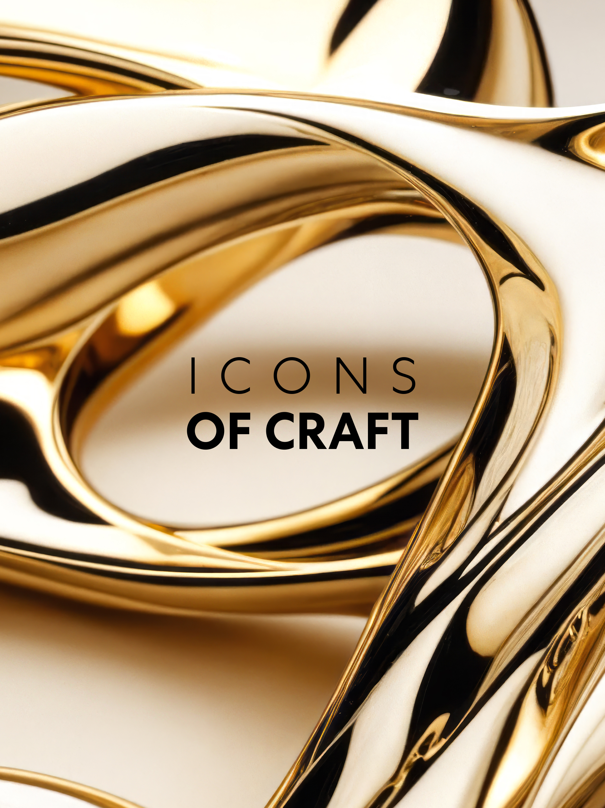 Abstract gold sculpture with reflective surfaces, featuring the text "ICONS OF CRAFT" in the center.