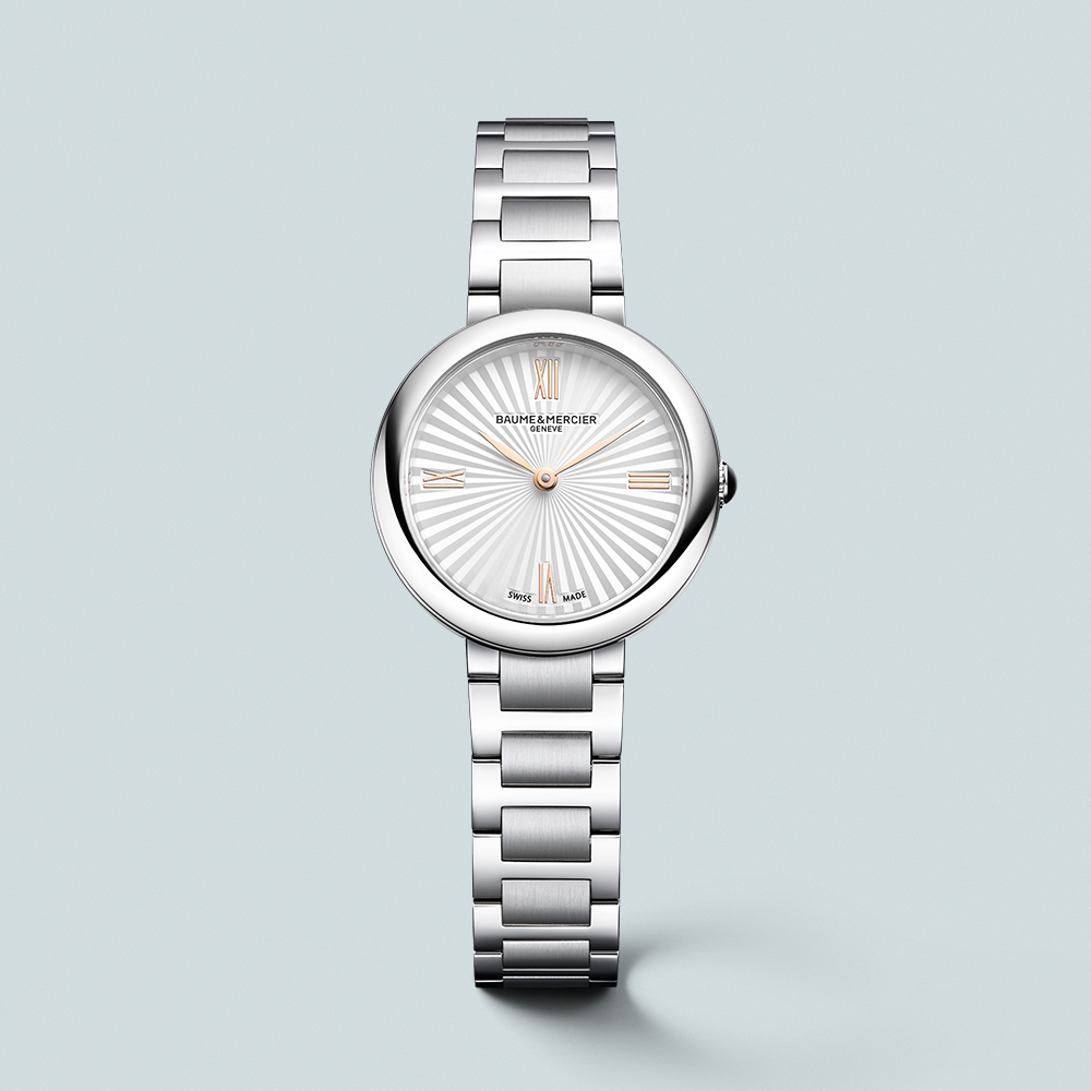 Silver Baume & Mercier watch with a sunray dial and metal bracelet.