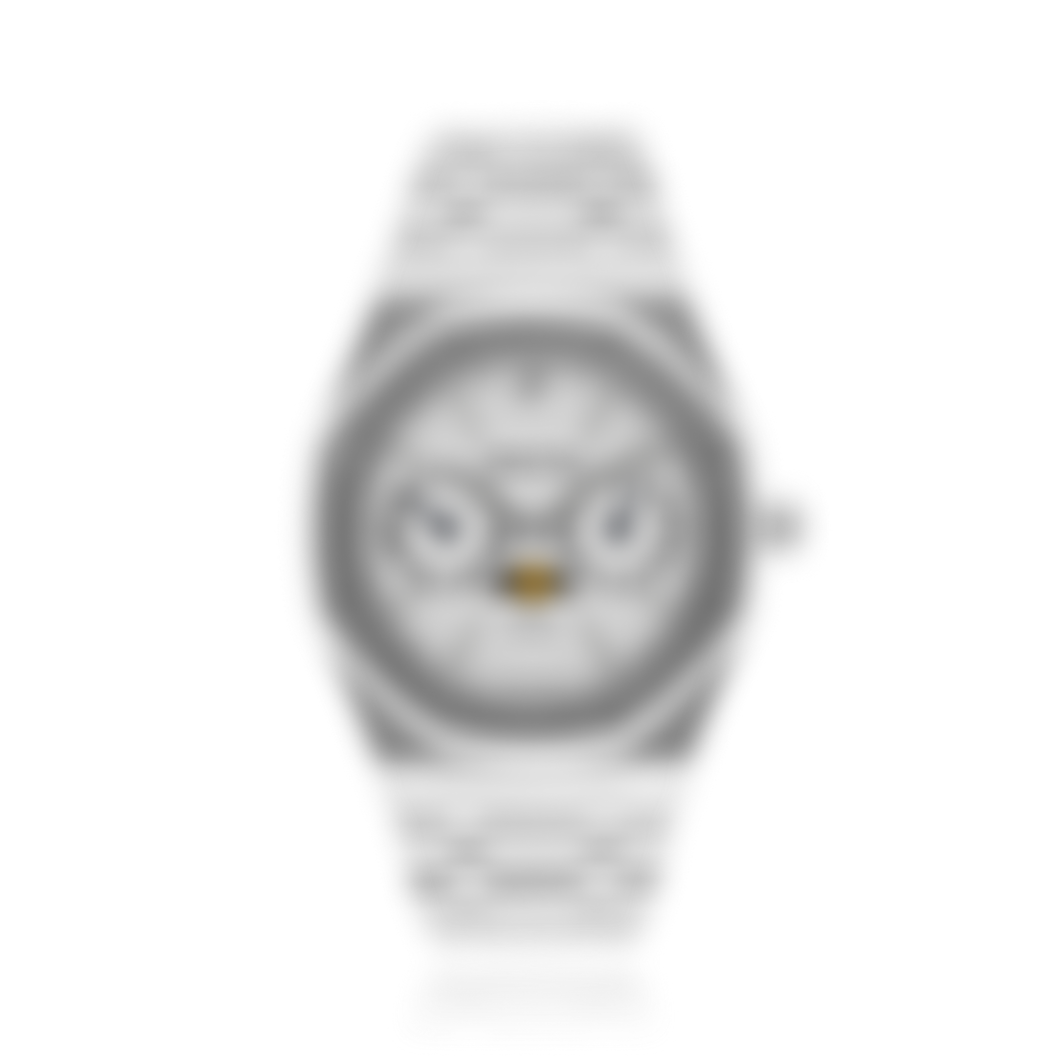 Une montre argentée floue avec un cadran blanc et un bracelet en métal.