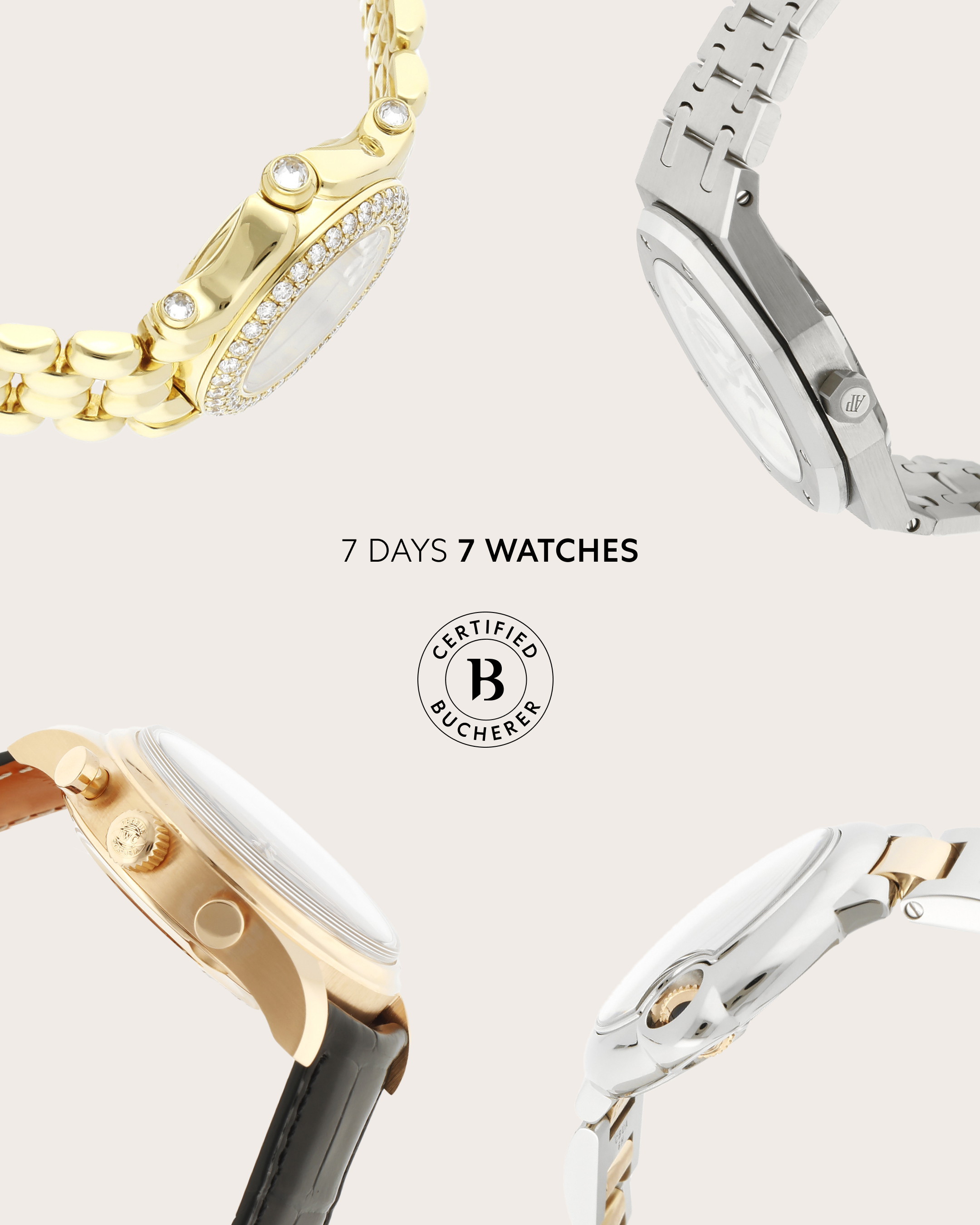 Quatre montres de luxe, deux en or et deux en argent, disposées en diagonale autour d'un texte « 7 JOURS 7 MONTRES » et d'un logo « CERTIFIÉ B BUCHERER ».