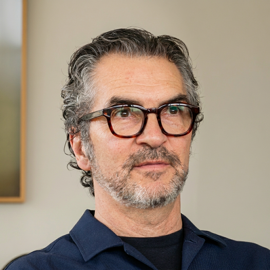 A man with graying hair and a beard, wearing tortoiseshell glasses and a dark blue shirt, looks to the right.