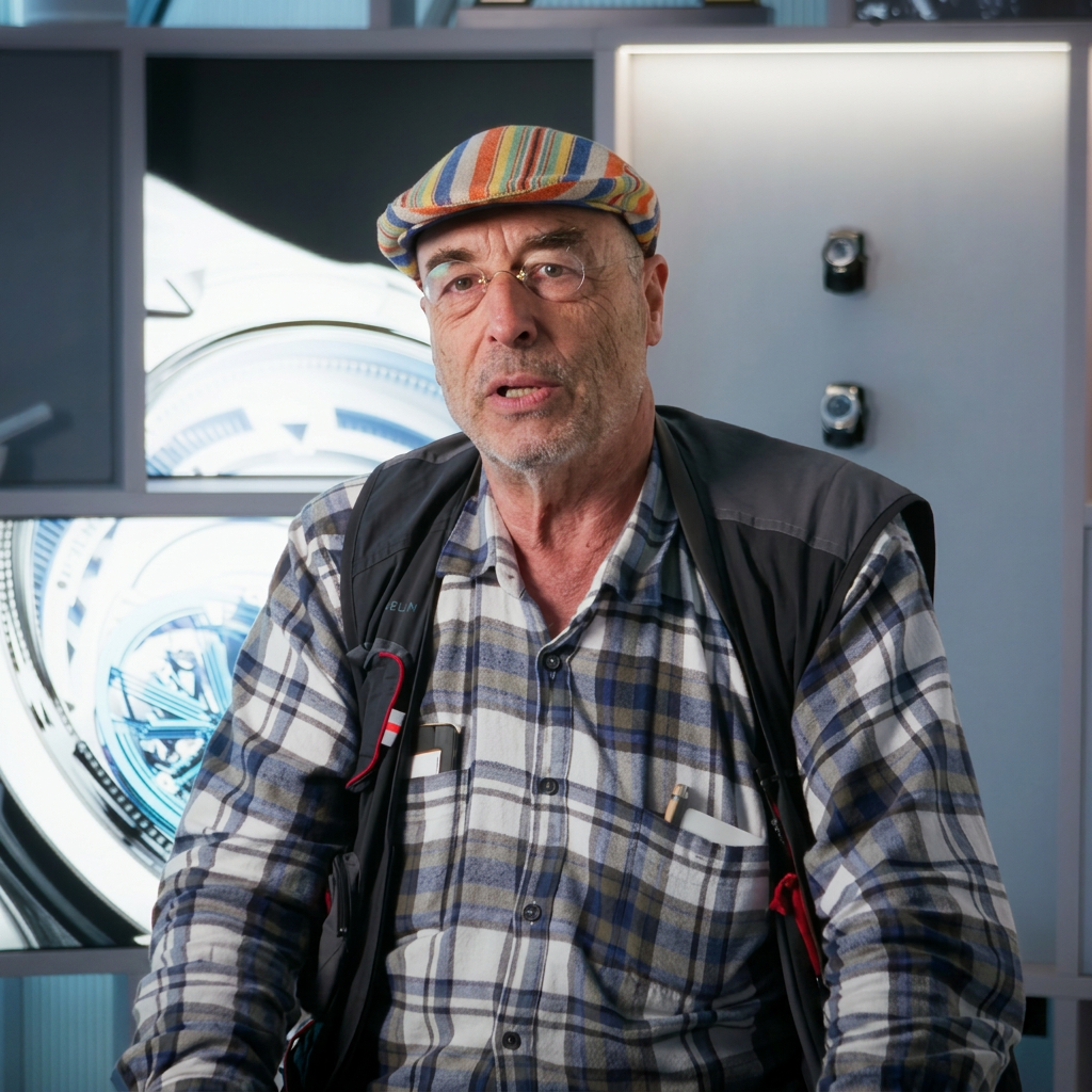 A man in a plaid shirt, vest, and striped cap looks forward, with a modern, illuminated background.