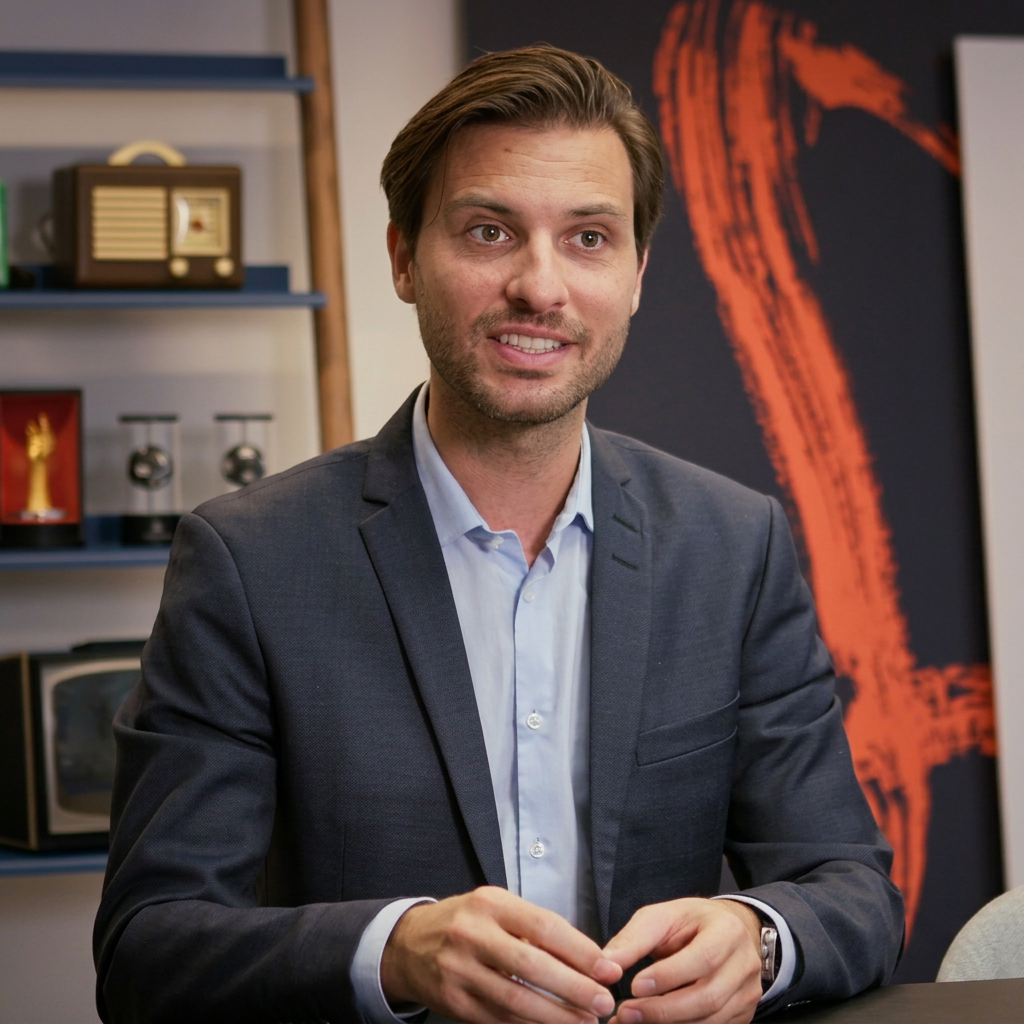 A man in a suit jacket and light blue shirt sits at a table, smiling slightly, with a bookshelf and abstract art in the background.