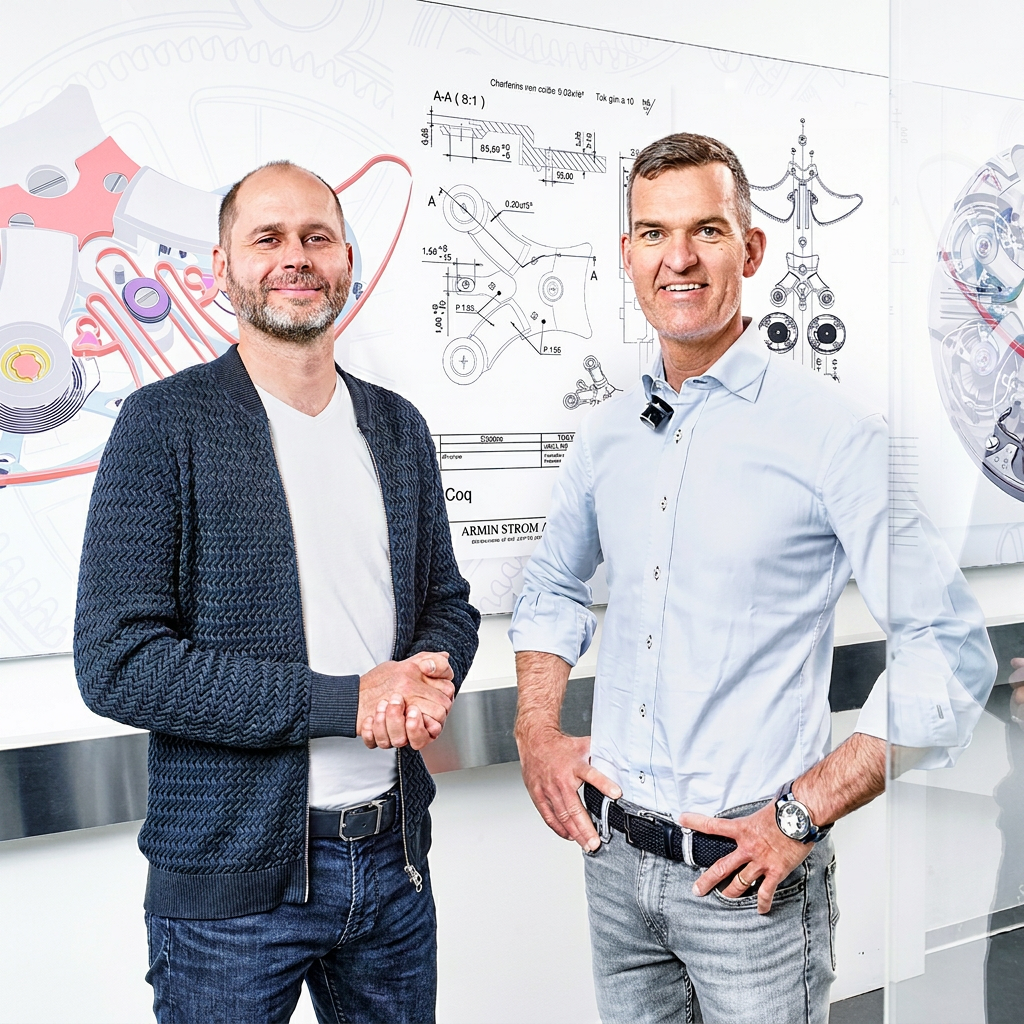 Two men stand in front of a wall with watch schematics.