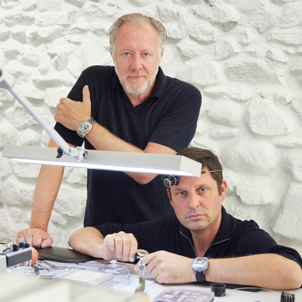 Two men, one standing and one seated, in a watchmaking workshop.