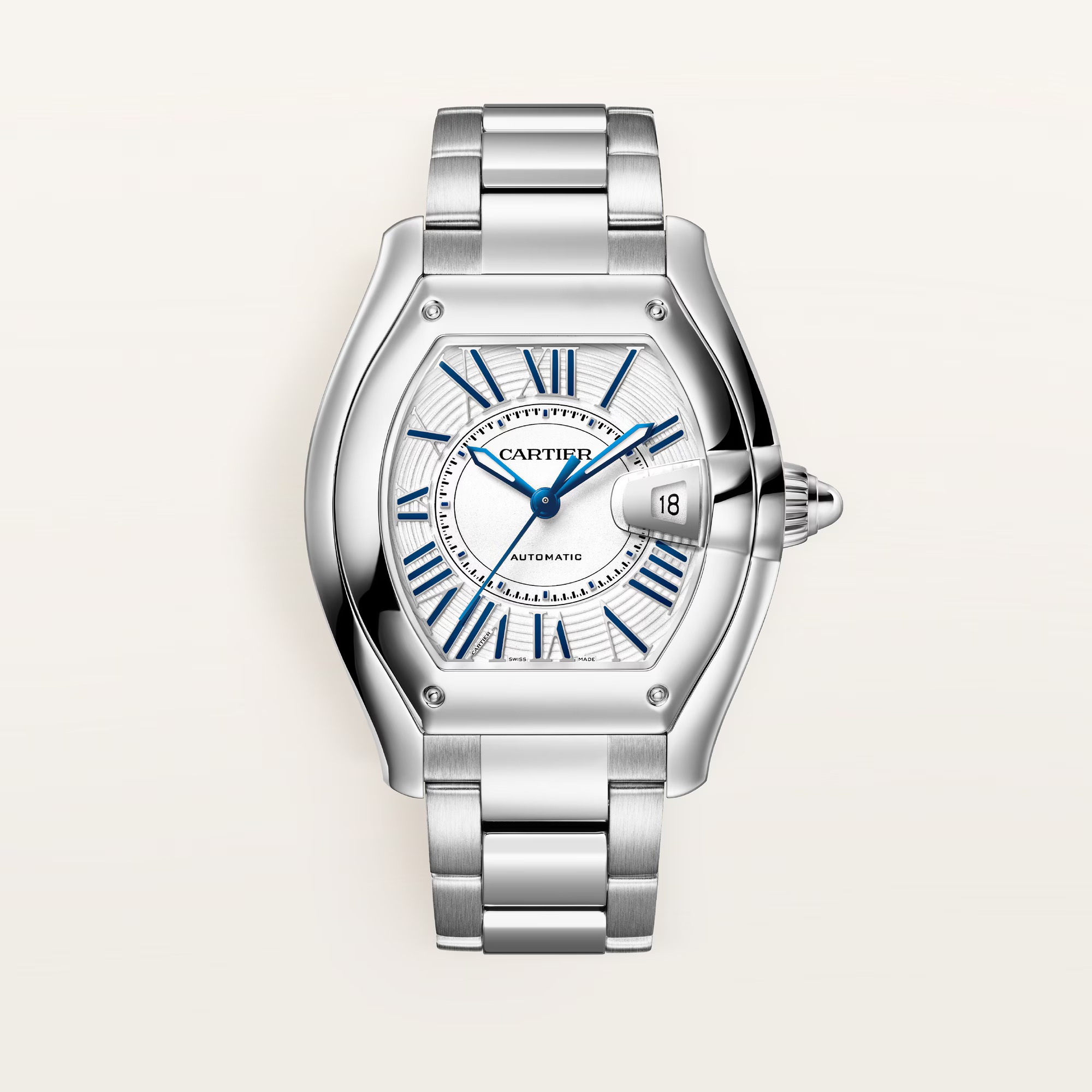 Silver Cartier Roadster watch with a white face, blue Roman numerals, and a date window.