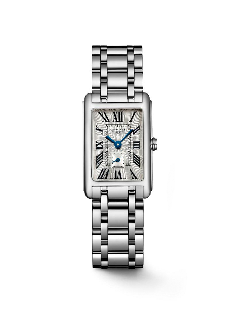 Silver rectangular watch with a textured white face, blue hands, and Roman numerals.