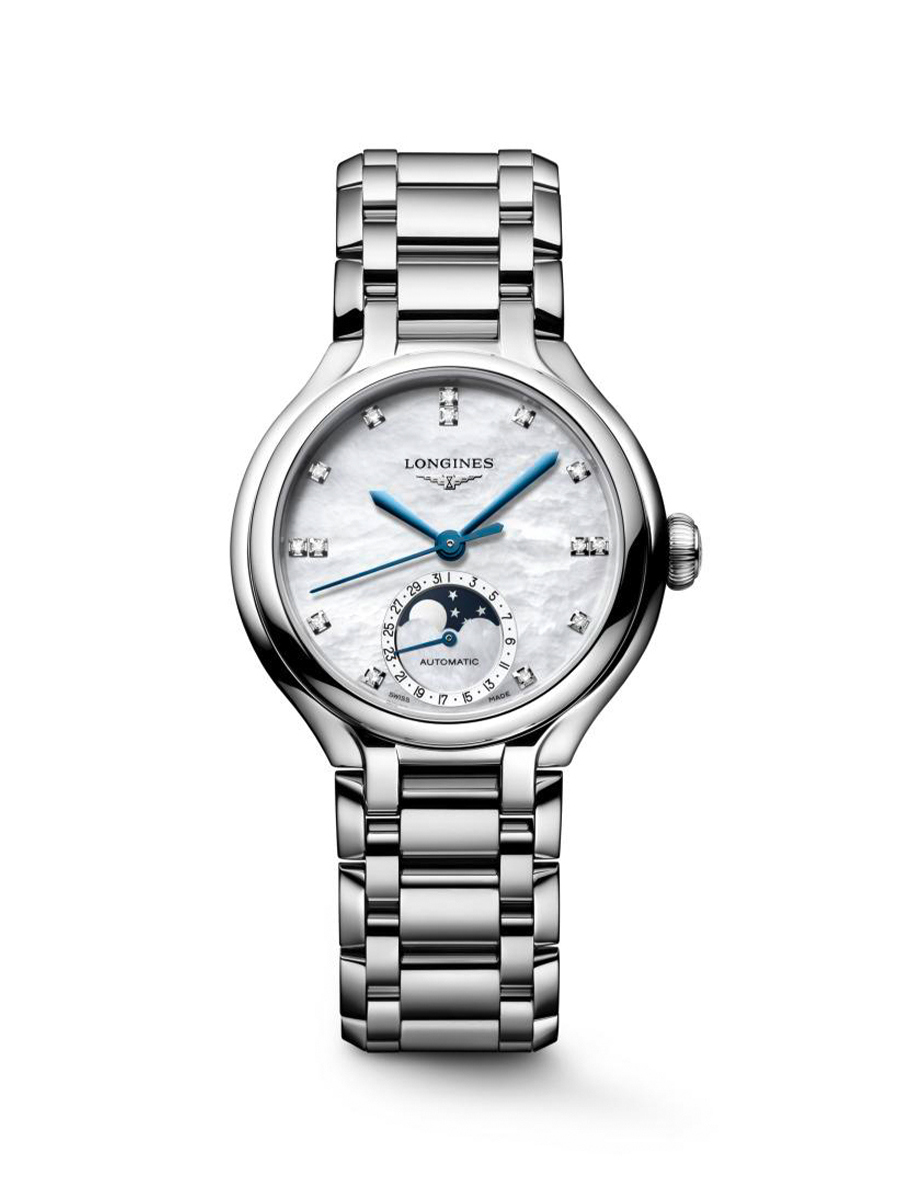 A silver Longines watch with a mother-of-pearl dial, diamond markers, blue hands, and a moon phase display.