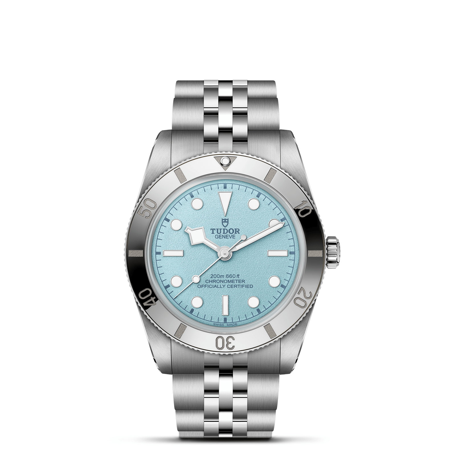 A silver Tudor watch with a light blue face and a black and silver rotating bezel.