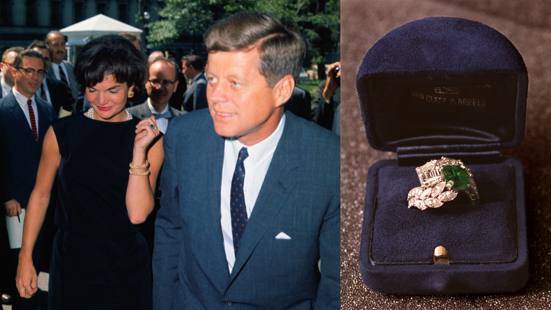 John F. Kennedy and Jacqueline Kennedy, and her emerald engagement ring in a dark blue velvet box.