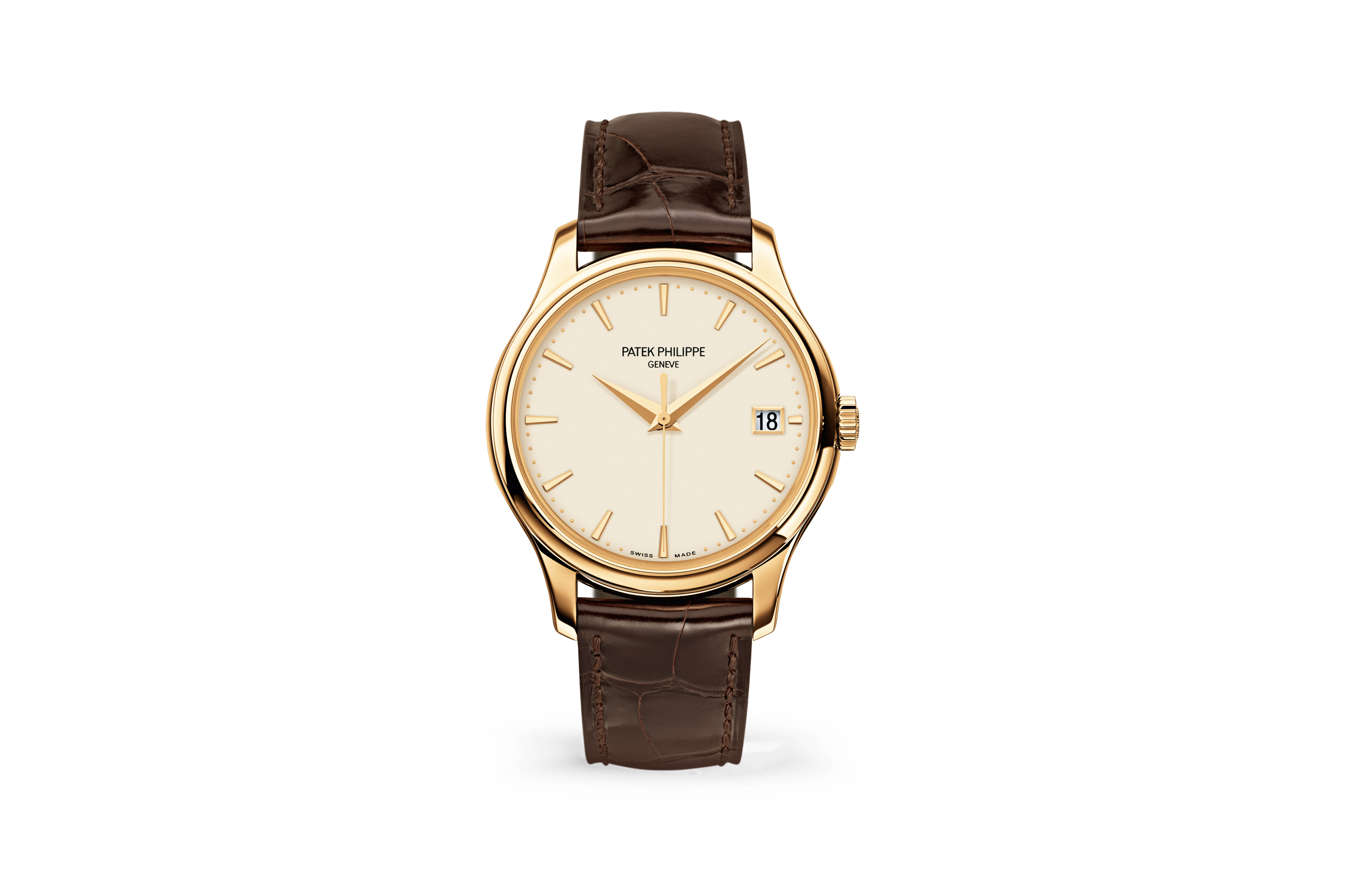 A Patek Philippe Calatrava watch with a rose gold case, cream dial, and brown alligator leather strap.