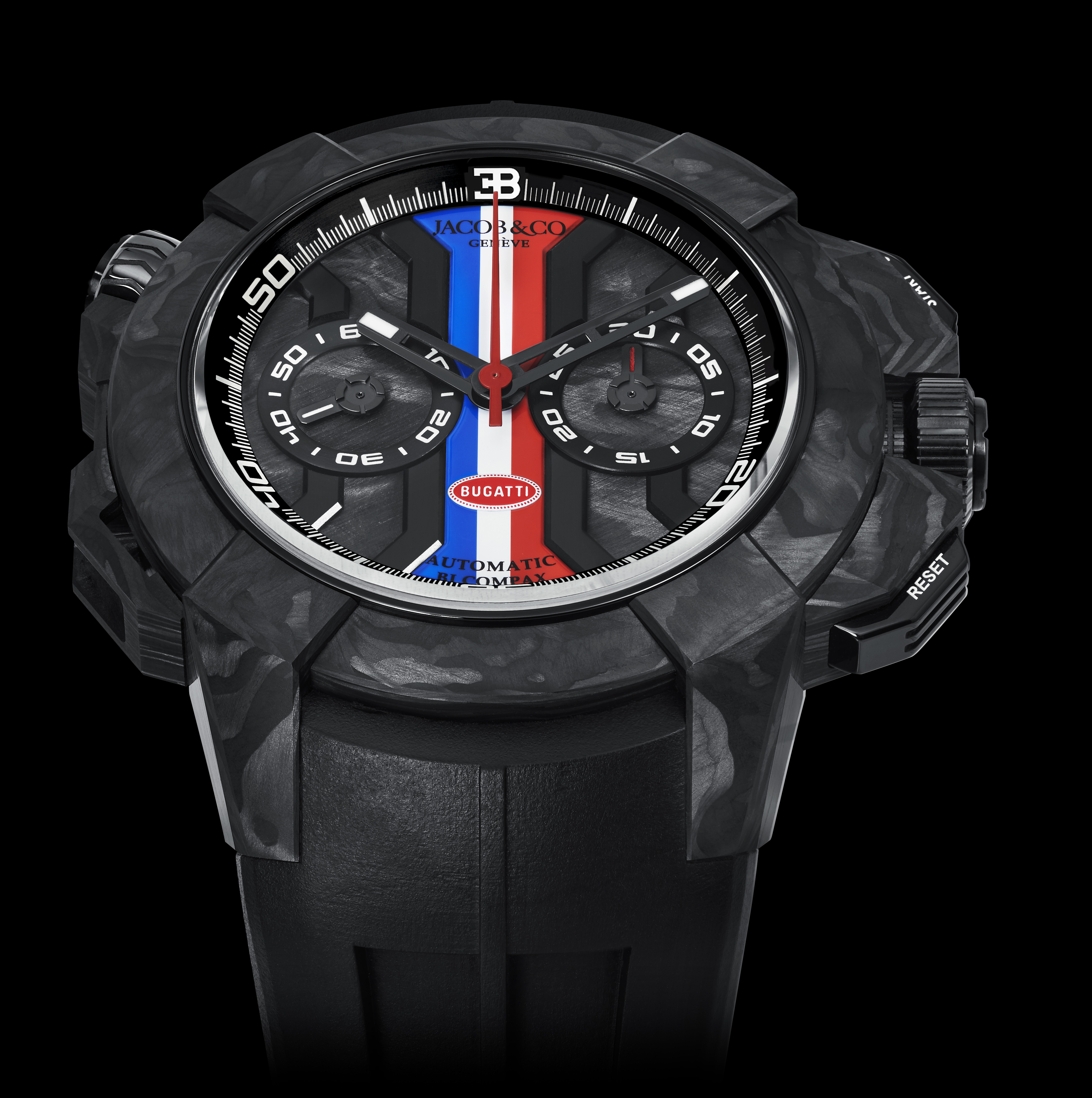 A black carbon fiber watch with a black face, red, white, and blue stripes, and a black rubber strap.