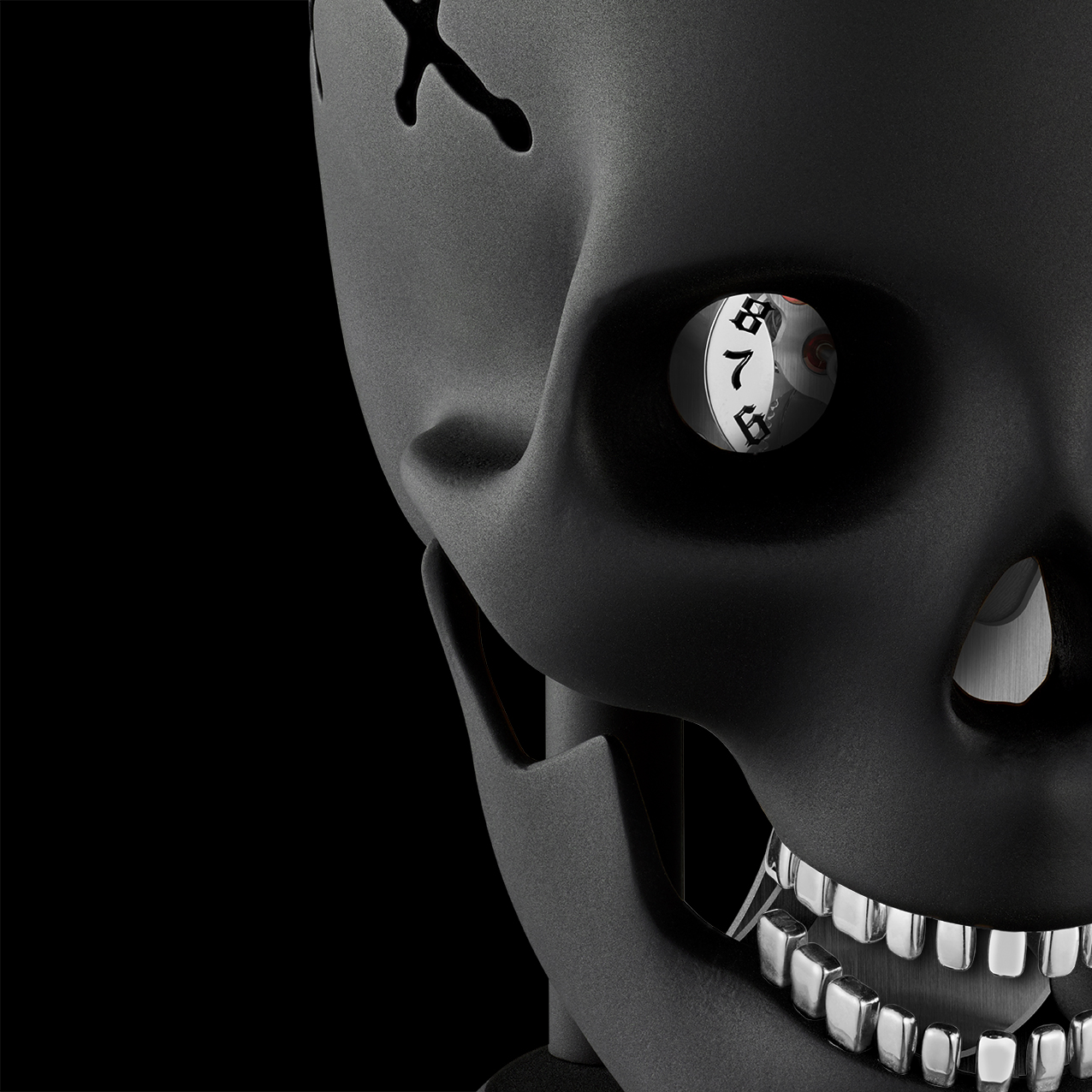 A black skull with a clock face in its eye socket and silver teeth.