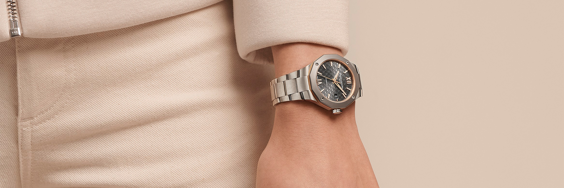 Baume & Mercier Riviera in stainless steel on a woman's wrist.