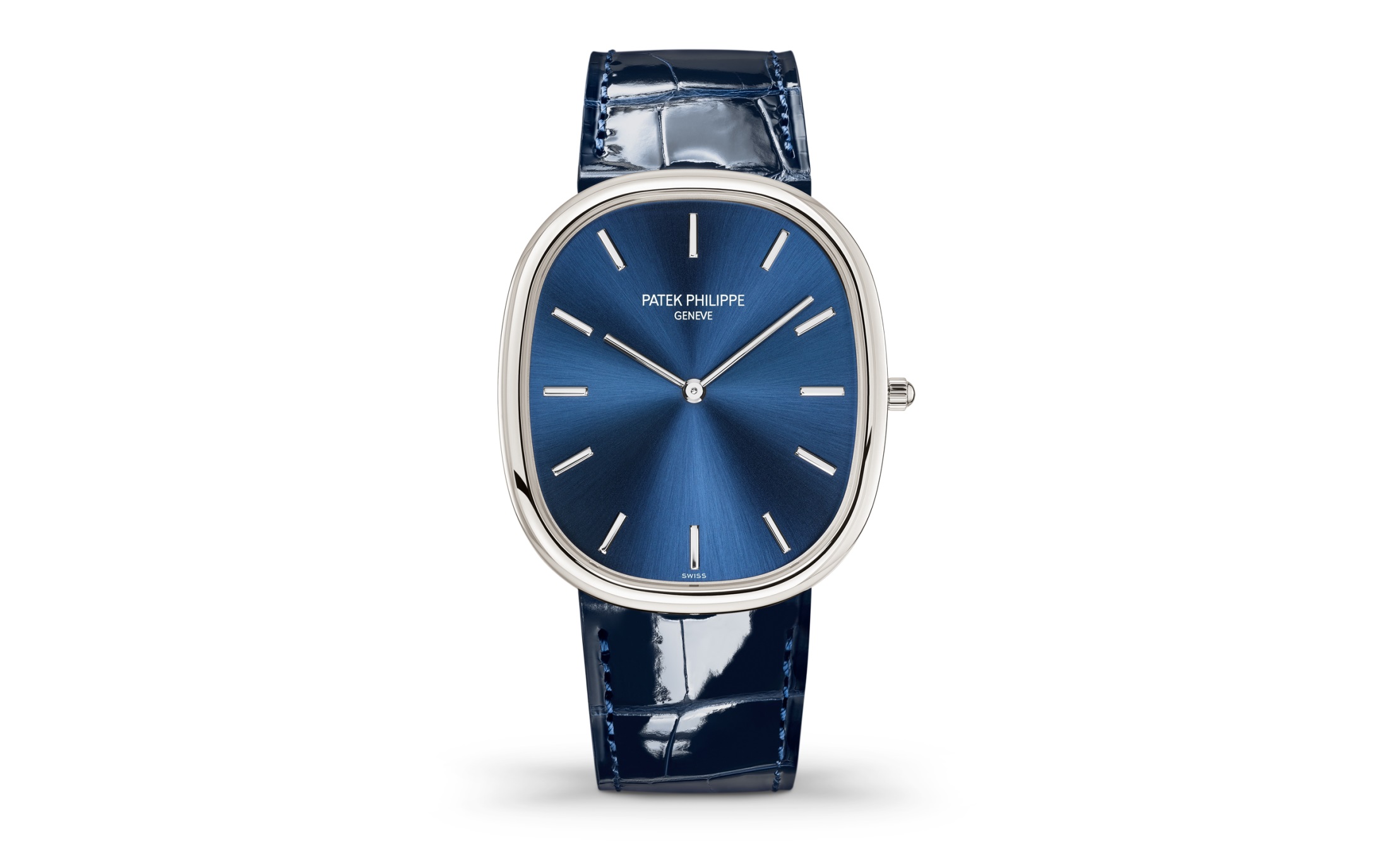 A Patek Philippe Golden Ellipse watch with a blue sunburst dial, white gold case, and blue alligator strap.